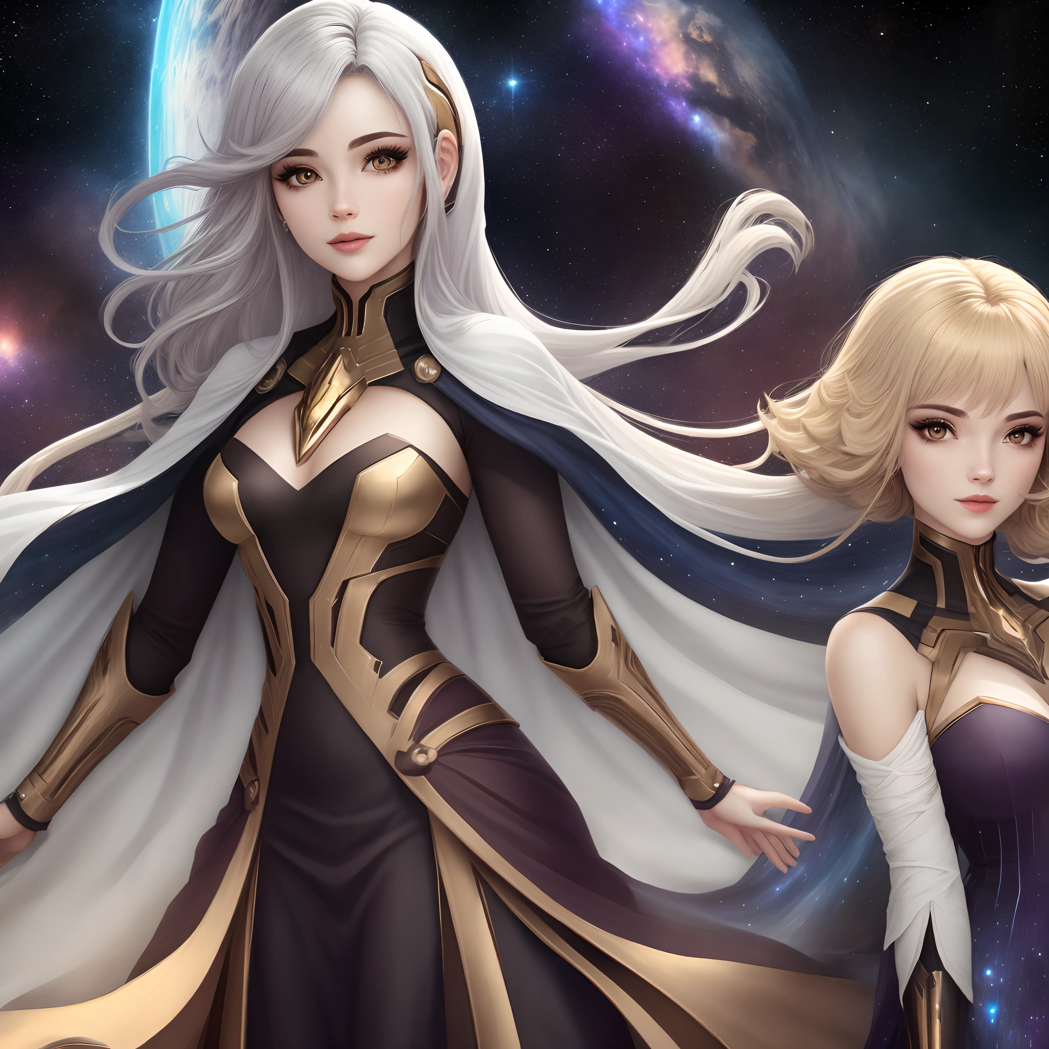 Personagem feminina cabelos pretos olhos amarelos roupa preta galaxia ouro