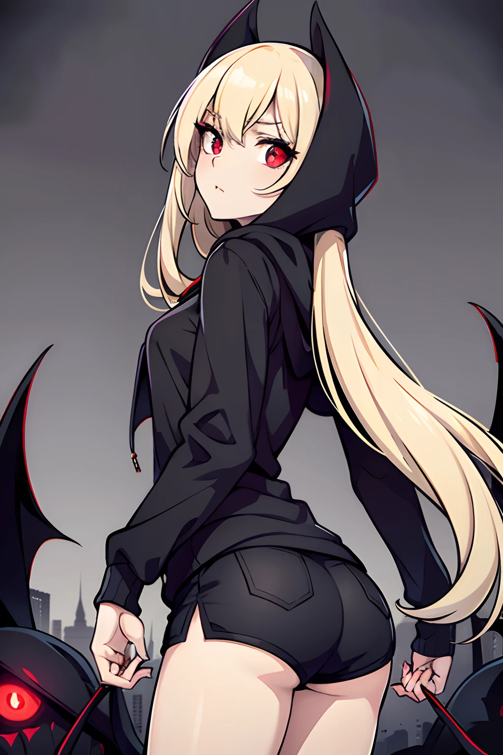 best quality, expressive eyes, perfect face, small shorts, sleek legs, black hoodie, hood over head, hood raised, long blonde hair, glowing eyes, red eyes, side glance, hands in pockets, gothic sweater, goth, demon, demonic, demon-like features, beautiful face, crazed eyes, Yandere, insane, dangerous looking, death gaze, butt view, rear focus