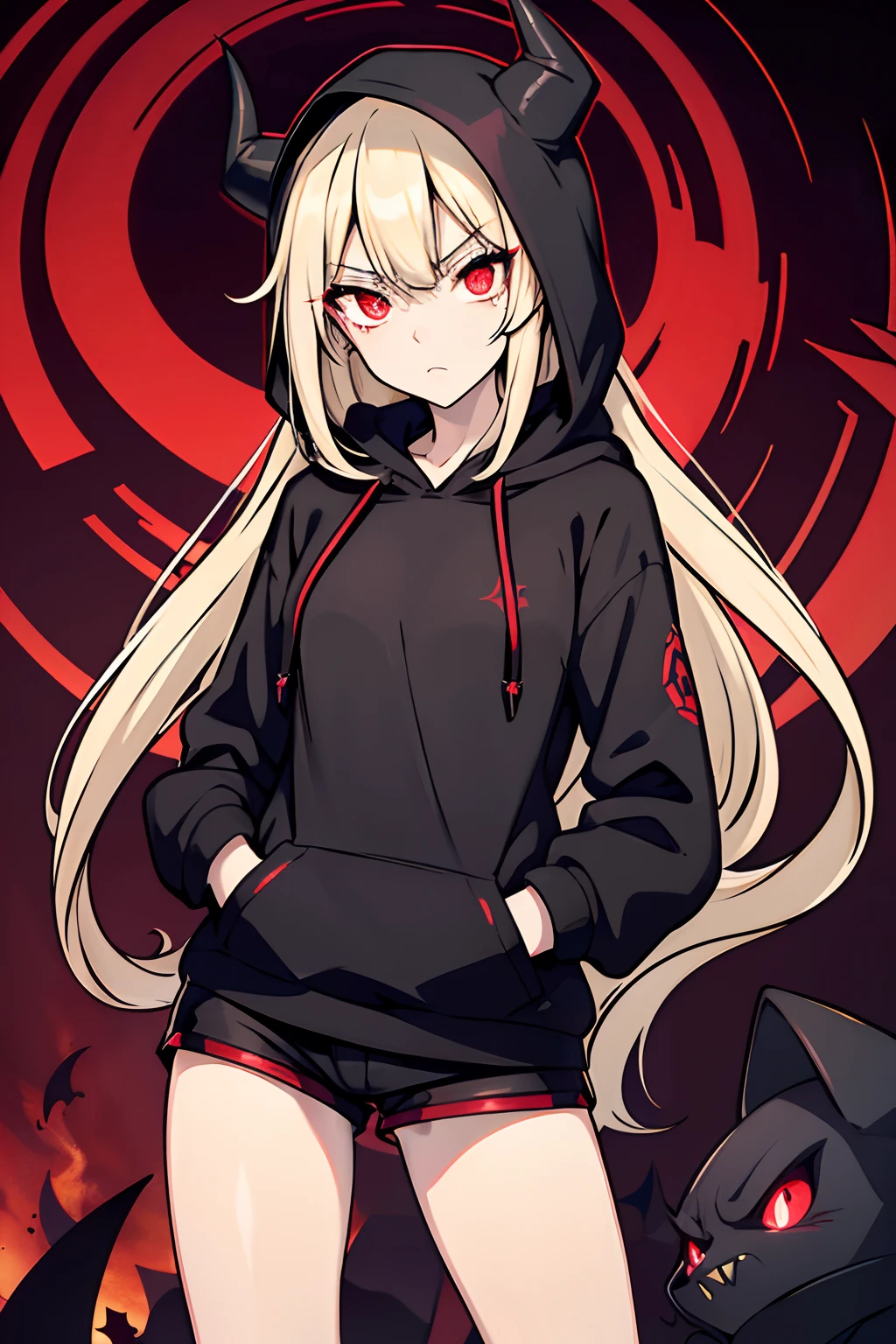 best quality, expressive eyes, perfect face, small shorts, sleek legs, black hoodie, hood over head, hood raised, long blonde hair, glowing eyes, red eyes, side glance, hands in pockets, gothic sweater, goth, demon, demonic, demon-like features, beautiful face, crazed eyes, Yandere, insane, hellish