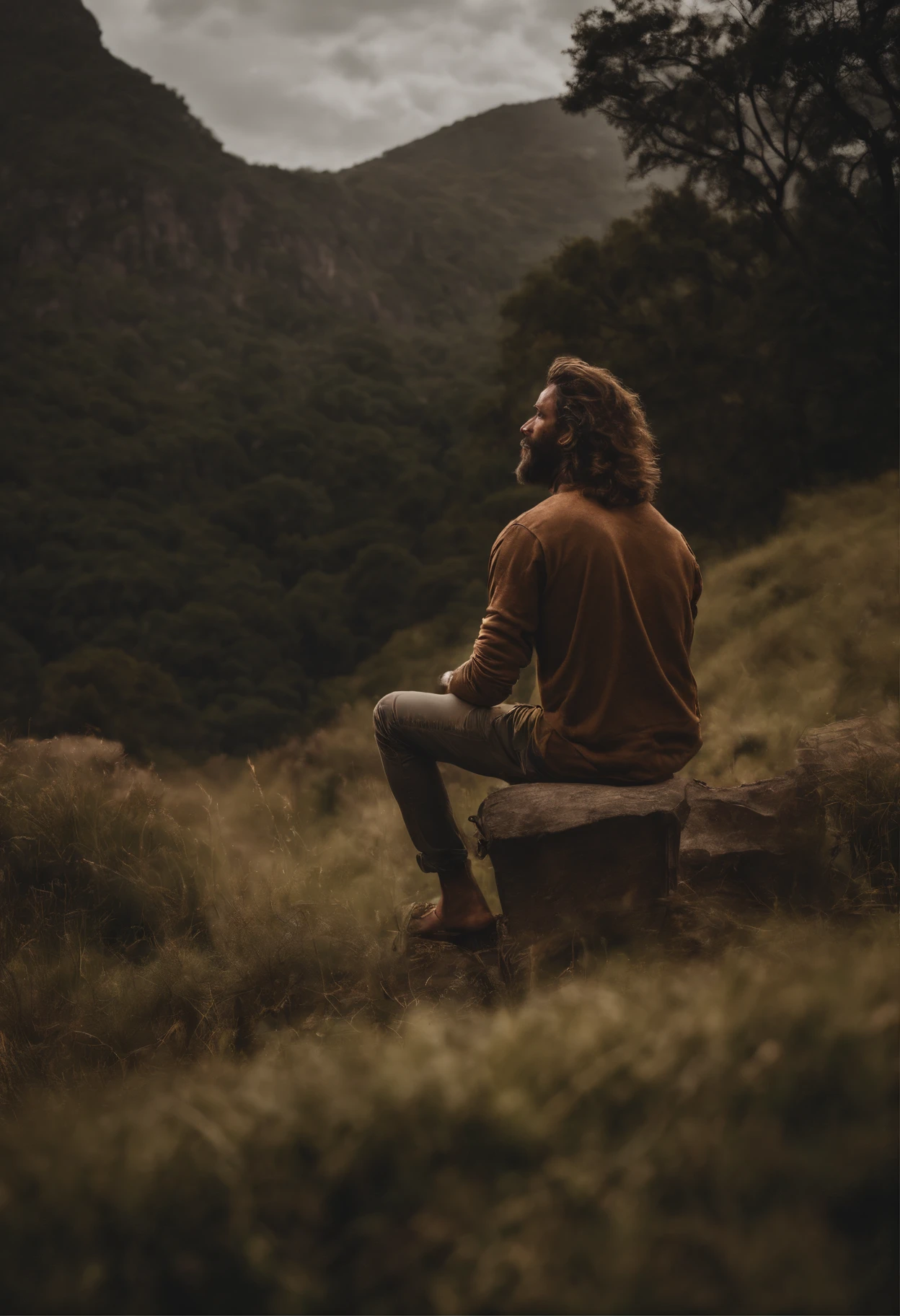 Um homem velho sentado em agradecimento, no alto de uma montanha, paisagem linda, cinematografic, imagem 8k, roupas cobrindo todo o corpo, Hands close to each other, meditation, agradecimento, cabelos calvos, sereno, olhos entre abertos, pernas encolhidas, sentado, rosto levemente levantado para o alto, mas na altura do peito, cabelos calvos, homem cubano, sul americano.