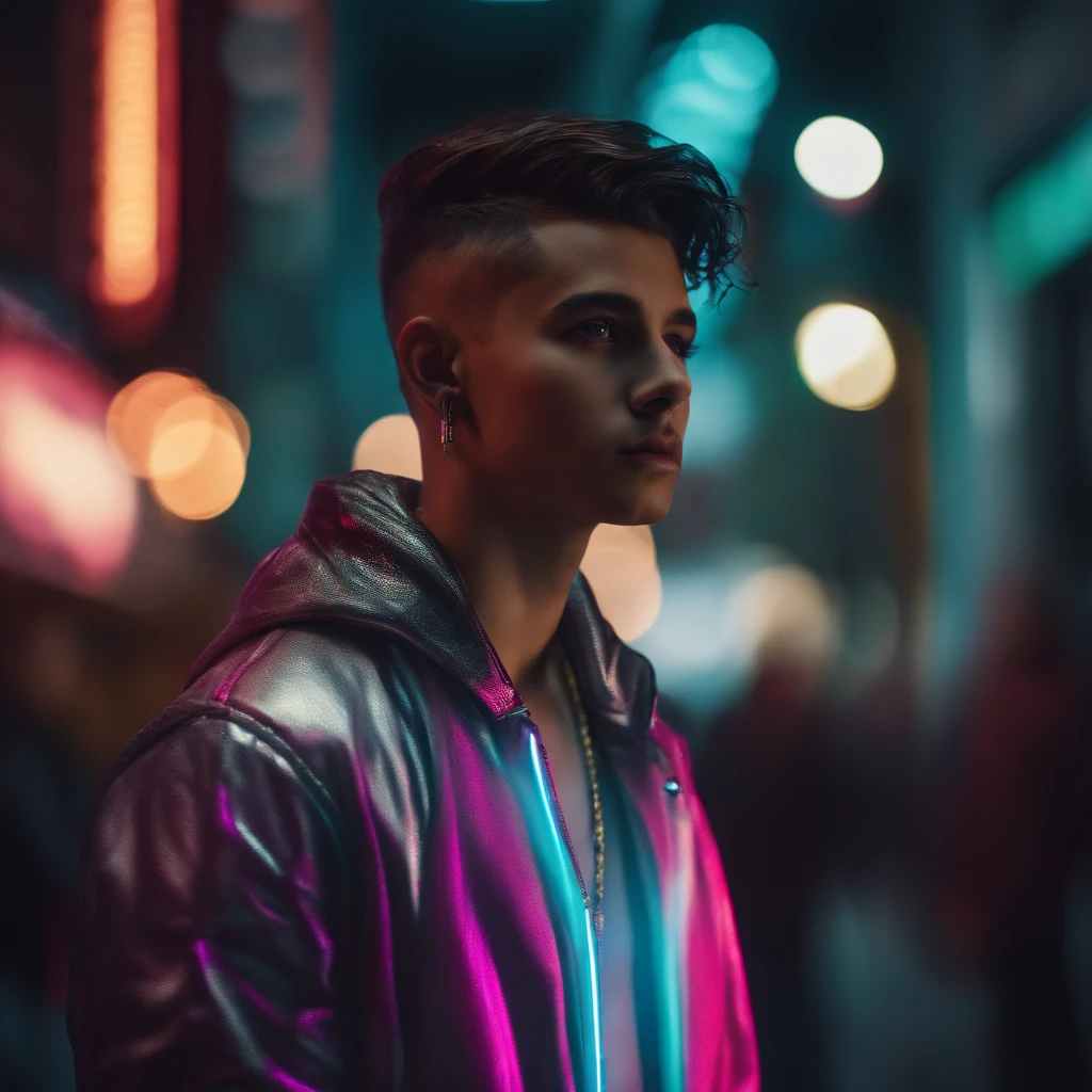 (highres,masterpiece:1.2),ultra-detailed,(realistic,photorealistic,photo-realistic:1.37),cyber punk, handsome boy, detailed eyes, detailed lips, futuristic background, street art, neon lights, vibrant colors, stylish clothing, confident expression, edgy atmosphere