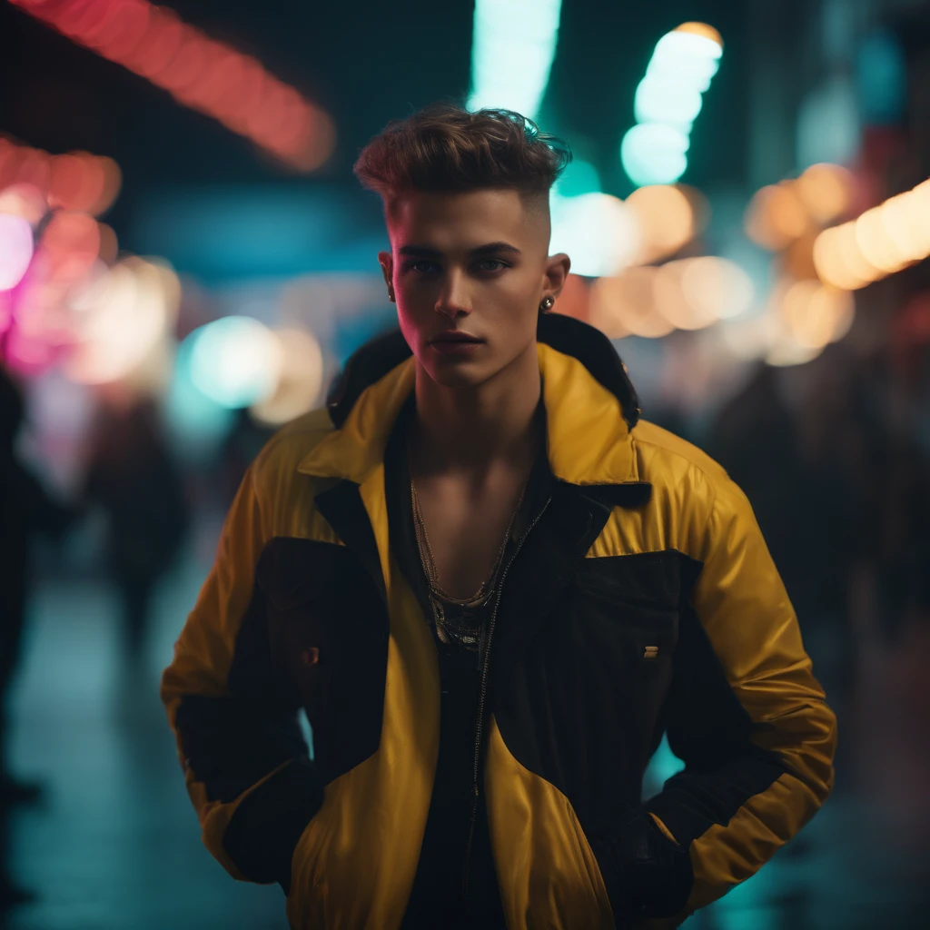 (highres,masterpiece:1.2),ultra-detailed,(realistic,photorealistic,photo-realistic:1.37),cyber punk, handsome boy, detailed eyes, detailed lips, futuristic background, street art, neon lights, vibrant colors, stylish clothing, confident expression, edgy atmosphere