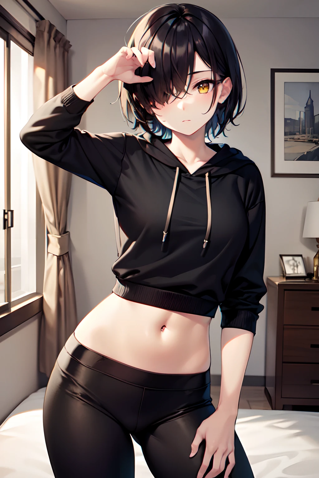 (masterpiece, best quality), illustration, absurdres, detailed face, 1girl, solo, portrait, cowboy shoot, casual clothes, black clothes, short hair, black hair, hair over one eye, yellow eyes, expressionless, muscular, tomboy, black hoodie, yoga pants, indoors, bedroom