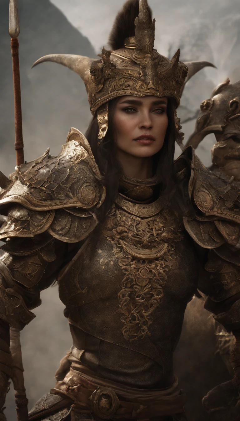 Female warrior, (((midriff exposed))), concept-art, author:Kishiganku, Fantasy art, Zen temple background, clean render, a horned, Wear a set of armor, Detailed bushido form smoke, helmet of a forgotten deity, character is standing, 8k Realistic, in game render, detailed face background detail, Art station front page, taur, Pseudo-medieval fantasy, A deity wearing koi armor, detailed bronze armor, Bronze armor, golden etched armor, gold obsidian armor, Light gold armor, Gorgeous filigree armor, A demonic warrior, Gorgeous armor full of thorns, Intricate assasin armor, Intricate metal armor, powerful warrior, Dressed in gorgeous golden armor,Decorated with intricate patterns, The helmet has a large crown and two horns, Everything is in the dark, The smoky background alludes to battle scenes, Add an ominous aura to his character,Huge demon wings of demons,submission, Full body shot.