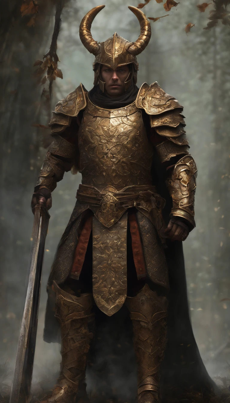 Female warrior, (((midriff exposed))), concept-art, author：Kishiganku, Fantasy art, Zen temple background, clean render, a horned, Wear a set of armor, Detailed bushido form smoke, helmet of a forgotten deity, character is standing, 8k Realistic, in game render, detailed face background detail, Art station front page, taur, Pseudo-medieval fantasy, A deity wearing koi armor, detailed bronze armor, Bronze armor, golden etched armor, gold obsidian armor, Light gold armor, Gorgeous filigree armor, A demonic warrior, Gorgeous armor full of thorns, Intricate assasin armor, Intricate metal armor, powerful warrior, Dressed in gorgeous golden armor，Decorated with intricate patterns, The helmet has a large crown and two horns, Everything is in the dark, The smoky background alludes to battle scenes, Add an ominous aura to his character，Huge demon wings of demons，??????????, Full body shot.