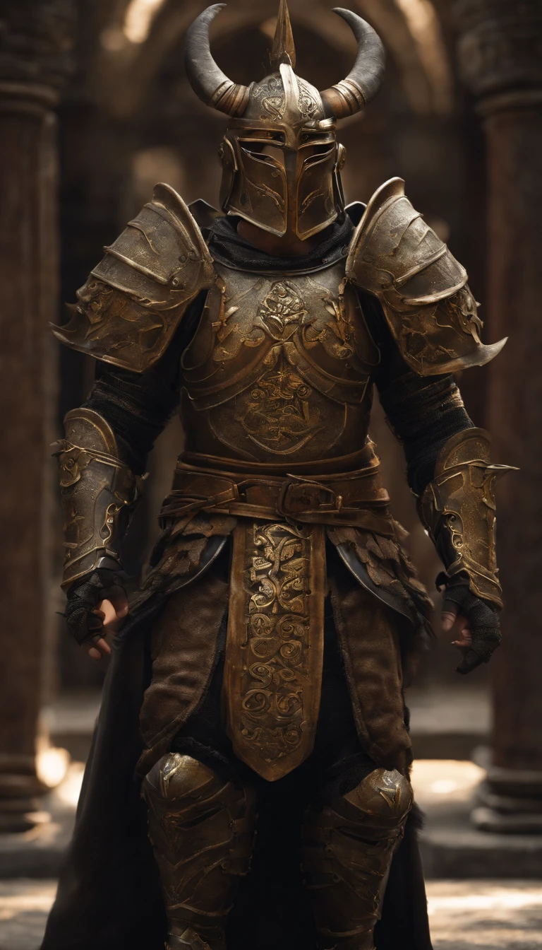Female warrior, (((midriff exposed))), concept-art, author：Kishiganku, Fantasy art, Zen temple background, clean render, a horned, Wear a set of armor, Detailed bushido form smoke, helmet of a forgotten deity, character is standing, 8k Realistic, in game render, detailed face background detail, Art station front page, taur, Pseudo-medieval fantasy, A deity wearing koi armor, detailed bronze armor, Bronze armor, golden etched armor, gold obsidian armor, Light gold armor, Gorgeous filigree armor, A demonic warrior, Gorgeous armor full of thorns, Intricate assasin armor, Intricate metal armor, powerful warrior, Dressed in gorgeous golden armor，Decorated with intricate patterns, The helmet has a large crown and two horns, Everything is in the dark, The smoky background alludes to battle scenes, Add an ominous aura to his character，Huge demon wings of demons，submission, Full body shot.