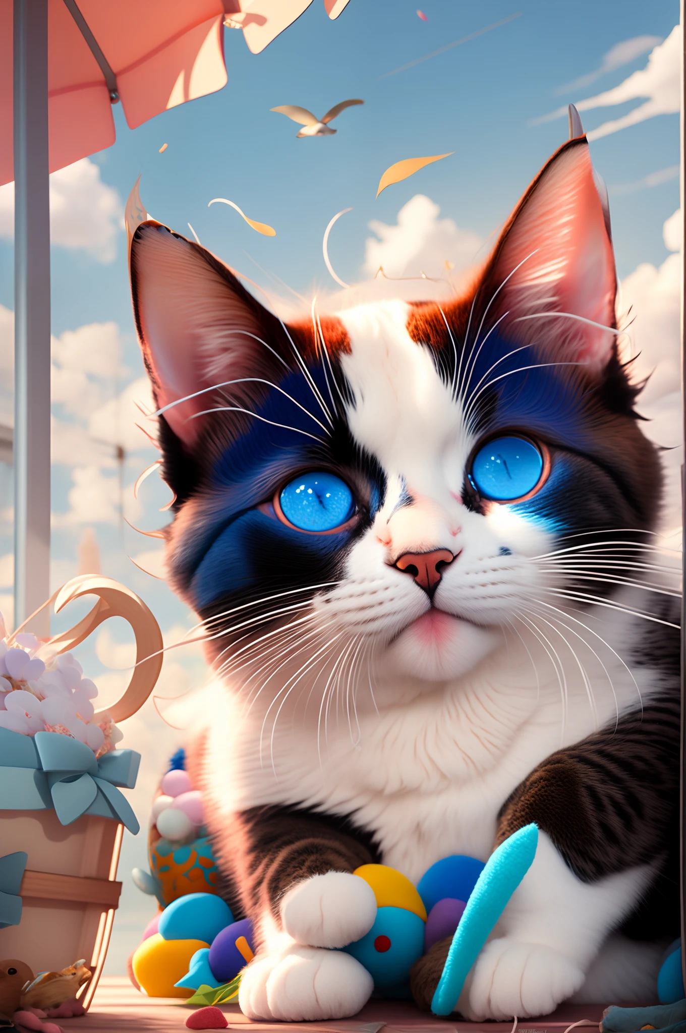 (ultra-detailed,photorealistic) Blue and white cat wearing a blue hat, adorable blue-eyed kitten, baby cat, soft fur, playful expression, sitting on a cozy cushion, surrounded by colorful toys, sunny atmosphere, vibrant colors, surreal landscape, fantasy elements.