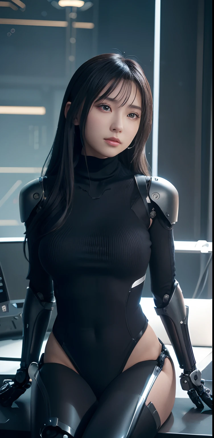 ​masterpiece、((Black turtleneck sweater))、 ((plugsuit)), ((a beauty girl:1.2))、I don't have both arms.、Some mechs、Mechanized body、Mechanized chest and abdomen、Mechanized occipital、Mechanized legs、Black metallic suit tight to the body、is standing、Tied up、Metal Robot、((Cyberpunk background))、(Neon light)、(Background of the machine shop of the future)、Cyberdyne、Artificial bodies、All-metal body、Ironwork、Abdominal mechanism、((Robotic Arms and Hands))、((Robot legs))、((Cervical part of the machine))、Inside the spaceship、a beauty girl、sixteen years old、Asian Beauty, (Abdomen exposes actuators and cables)、From the neck down is the body of a metal robot、Complex 3d rendering beautiful porcelain profile super detailed female android face、cyborgs、roboticparts、150mm、beautiful studio soft light、Rim Lights、vibrant detail、luxuriouscyberpunk、Ren Hao、surrealistic、Anatomical、face muscles、cable electric wires、microchips、elegent、beatiful backgrounds、octan render、HR Giger Style、8K、top-quality、​masterpiece、illustratio、extremely delicate and beautiful、 extremely details CG、Unity、wall-paper、(realisitic、Photorealsitic:1.37)、astonishing、detaile、​masterpiece、best qualtiy、Official art、Highly detailed CG Unity 8k wallpaper、absurderes、incredibly absurdness、、机器人、Silver Halmet、full body Esbian、sitting on