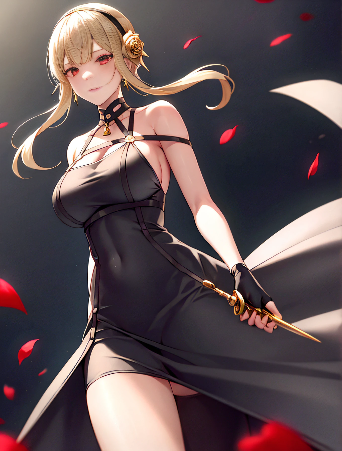 Joel Brier, 1girll, Contre-Jour, exposed bare shoulders, Garden background,White dress, whitegloves, Black hair, bloods, Blood on the face, Blood on weapons, nedium breasts, Keep one's mouth shut, cow boy shot, shift dresses, 耳Nipple Ring, expressiveless, Fingerless gloves, Floating hair, Estampados florales, florals, mitts, gold earring, Blonde headband, hairflower, hair adornments, shairband, halter, holdingweapon, jewely, Large breasts, light particules, Long hair, looking at viewert, off the shoulder dress, cropped shoulders, petals, red - eyed, rosette, rose petals, Rose printing, short long hair, Lateral hair, Solo, Spikes, upper legs, two-sided skirt, two-sided fabric, arma, ((Masterpiece))