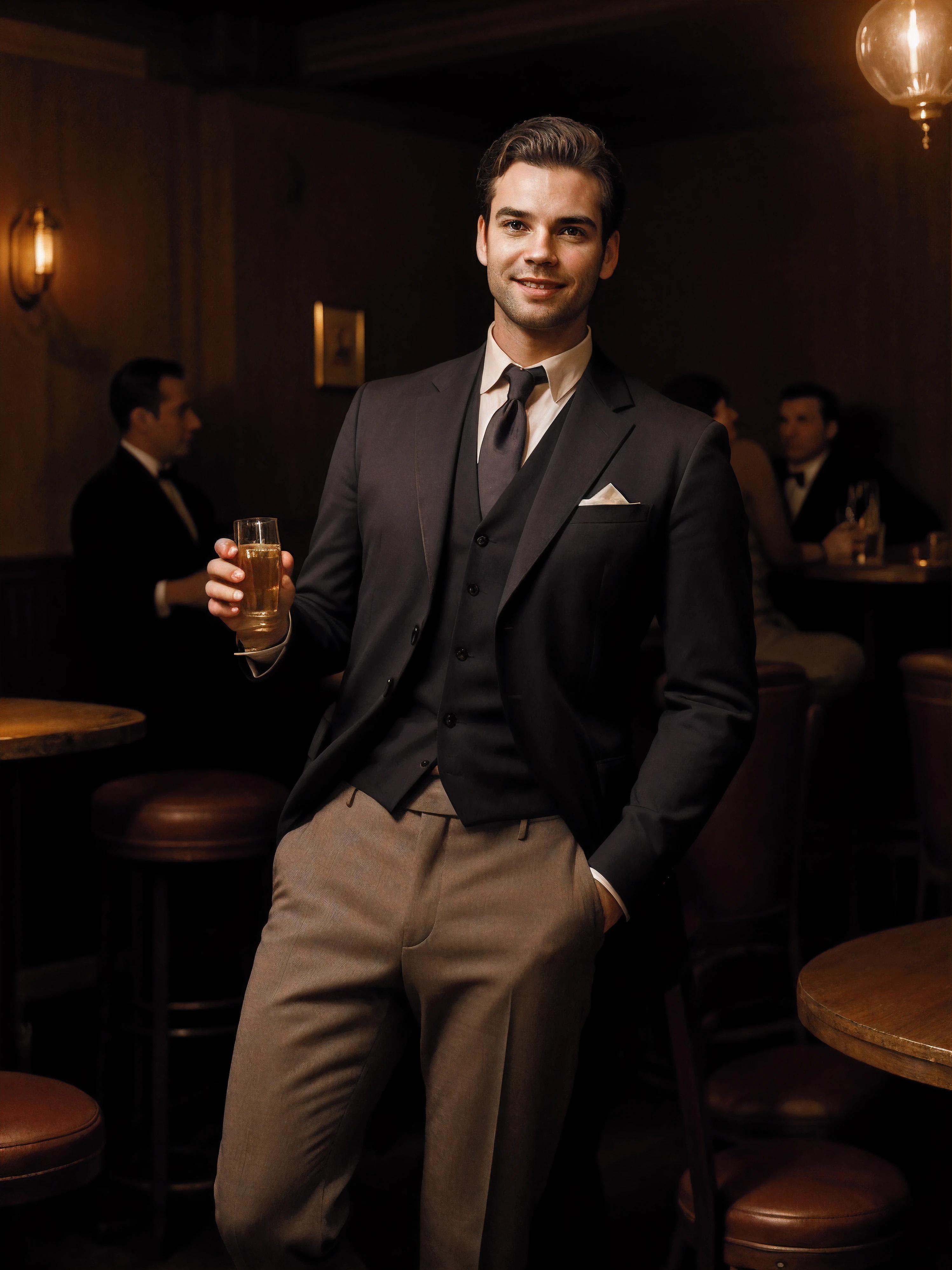 Create a high-quality, realistic artwork featuring two friends, both 27 years old, in a dimly lit 1920s speakeasy in Chicago. The first man, with short, dark brown hair styled in an army fashion, exudes a rugged charm defined muscular physique. His body hair and detailed hair add to the authenticity of the scene. He stands dressed in stylish atire,  slightly sweaty, pale skin illuminated by the soft, diffused speakeasy lighting, which adds a touch of nostalgia to the ambiance.The second man, also 27, leans confidently against a vintage bar, sipping a classic cocktail. His short, dark brown hair in a European style frames a well-groomed shaved face. Sharing the same muscular physique with  His tailored trousers and dress shirt, sharply in focus, showcase a confident smile, illuminated by the same diffused speakeasy lighting that bathes the room in warm, sepia tones.
In the backdrop, a live jazz band sets the mood, and the room is filled with the lively chatter of other patrons. This hidden gem of a speakeasy captures the vibrant spirit of the 1920s. The friends share a moment of unspoken connection, a testament to their enduring friendship. . shallow depth of field, vignette, highly detailed, high budget, bokeh, cinemascope, moody, epic, gorgeous, film grain, grainy
