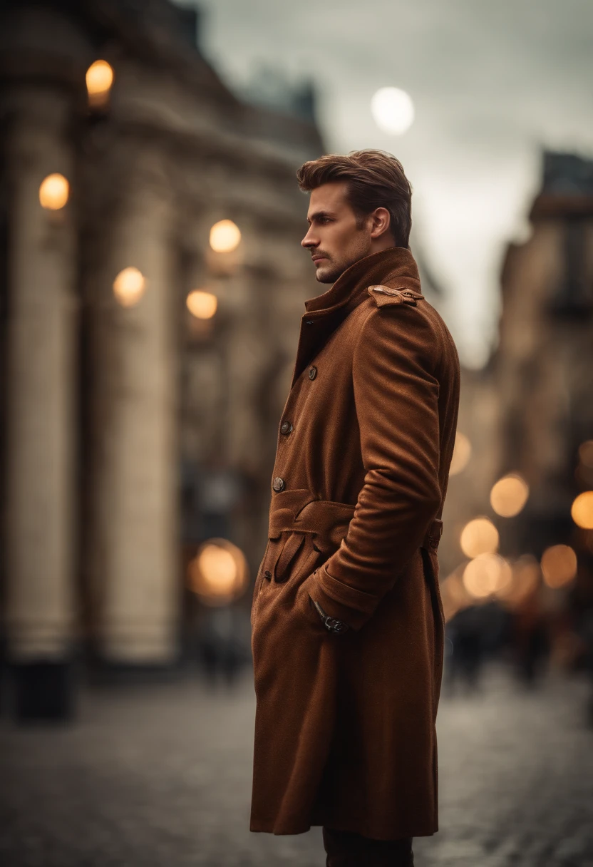 Portrait photo of a handsome male full body photo, perfect eyes, wearing a shabby mecha coat, ((light bokeh)), intricate, (steel metal [rust]), elegant, sharp focus, photo by Greg Rutkovsky, soft lighting, bright colors, masterpiece, (street)), detailed realistic face, close-up of the face