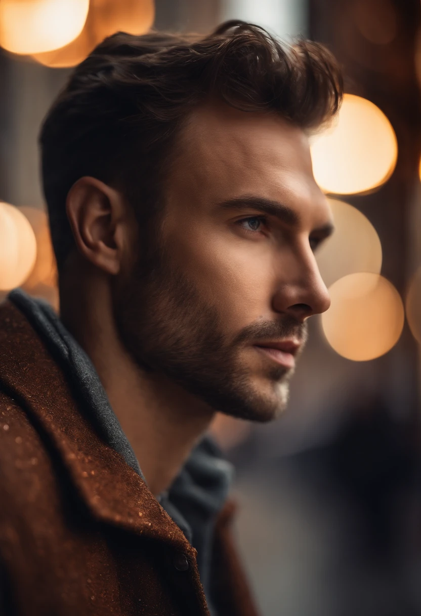 Portrait photo of a handsome male full body photo, perfect eyes, wearing a shabby mecha coat, ((light bokeh)), intricate, (steel metal [rust]), elegant, sharp focus, photo by Greg Rutkovsky, soft lighting, bright colors, masterpiece, (street)), detailed realistic face, close-up of the face
