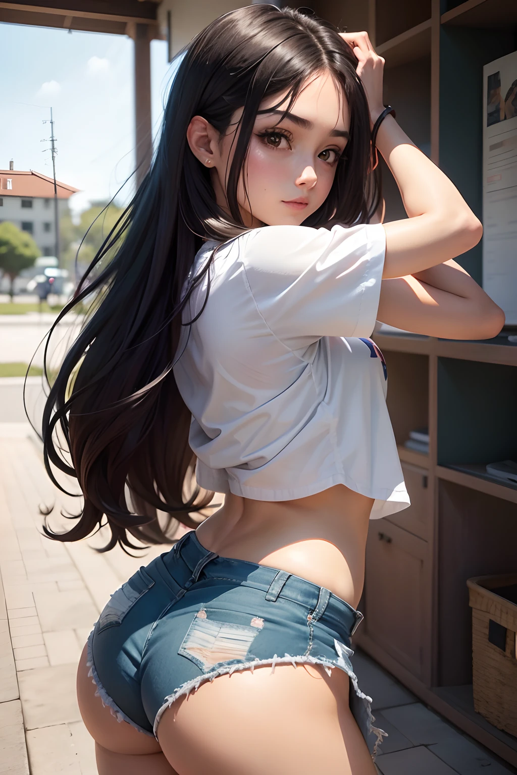 18 year old beautiful girl, ojos grandes, senos grandes, delgada, Small, 8k, calidad superior, (Cabeza muy detallada: 1.0), (cara muy detallada: 1.0), (cabello muy DetallaDo: 1.0), Arte oficial muy detallado, Estilo de arte Anime Moe, Arte de anime limpio y detallado, They are smiling, cabello negro, cabello largo y liso, pecho desnudo, Ushiwakamaru, caderas grandes, perfecto, small waist, vista de espaldas, small ass, Bragas blancas, sentada de rodillas, de espaldas, schoolwear, tetas apretadas, camisa blanca, camisa ajustada, shorts apretados