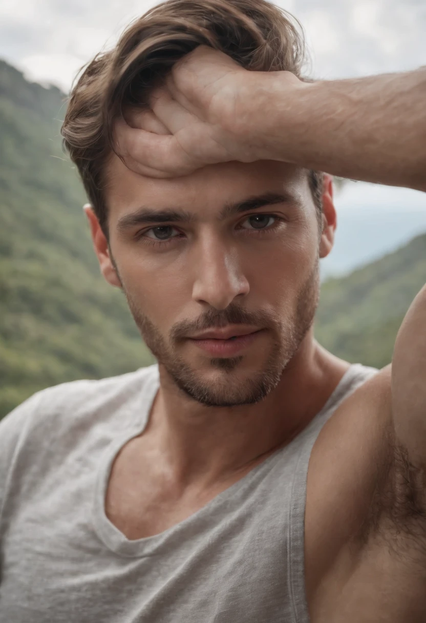 Um homem velho sentado em agradecimento, no alto de uma montanha, paisagem linda, cinematografic, imagem 8k, roupas cobrindo todo o corpo, Hands close to each other, meditation, agradecimento, cabelos calvos, sereno, olhos entre abertos, pernas encolhidas, sentado, rosto levemente levantado para o alto, mas na altura do peito, cabelos calvos, homem cubano, sul americano.