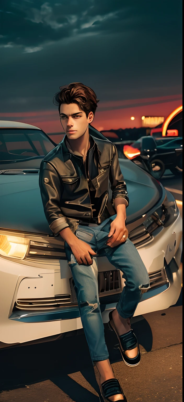 Create an image of a Smart boy, wearing a leather jacket and sunglasses, sitting on a motorcycle in front of a diner. The dog has a sad and lonely expression, as if he is waiting for someone who never shows up. The diner has a neon sign that says “Port Alveridge”. The image should have a realistic and detailed style, similar to the paintings of Ivan Clarke, the artist of the Lonely boy. Use warm and vibrant colors to contrast the mood of the boy.20 years old, stylish hair,