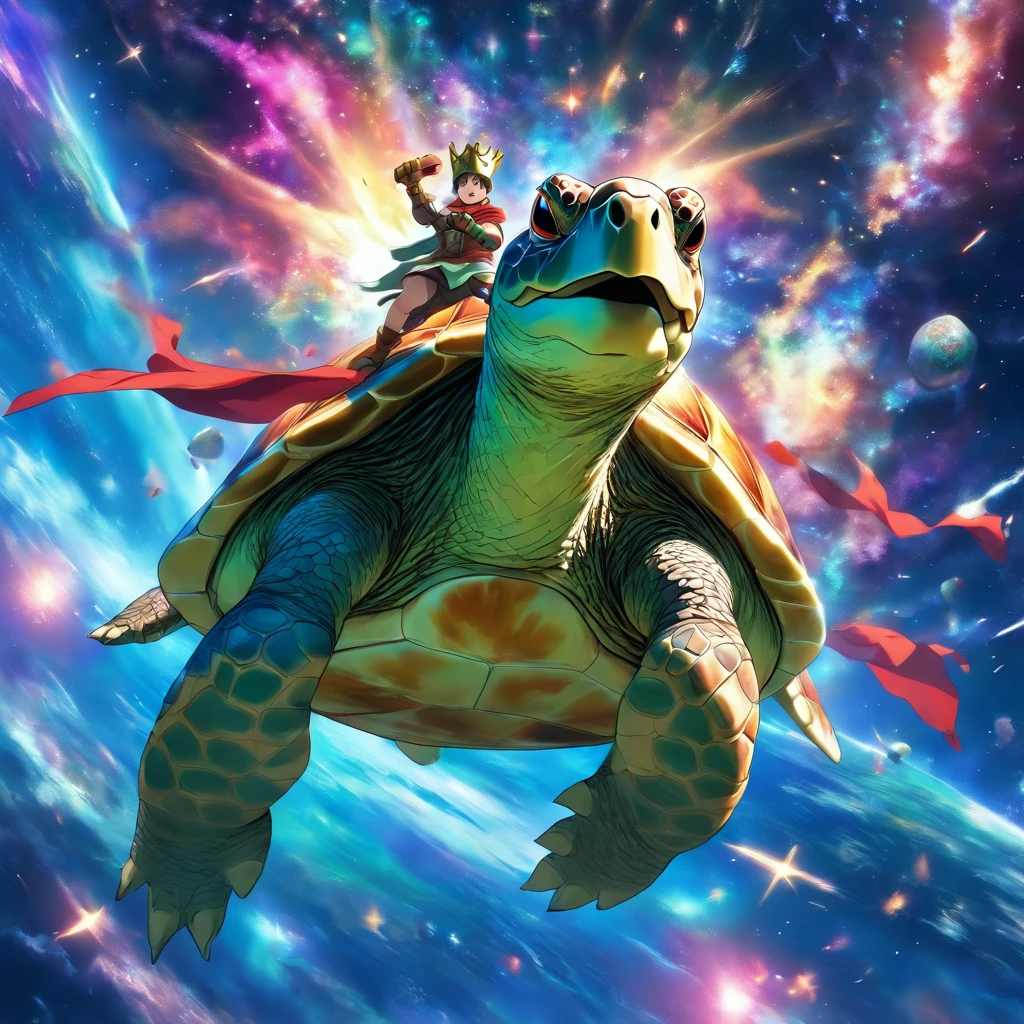 Giant turtle flying through space, wearing cape and crown