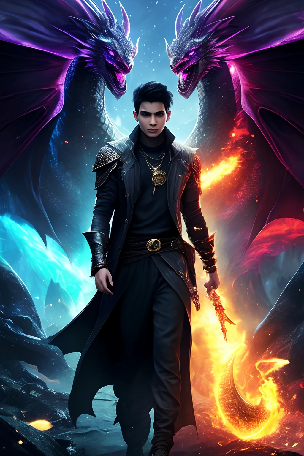 Cover art, 4k, a teenager with black hair, A mystical world floats behind him, urban fantasy, New York, Dragon scales on his face, elements float around. Three phrases are on the cover “we must unite” “We must survive” and “We Must Grow”, epic,