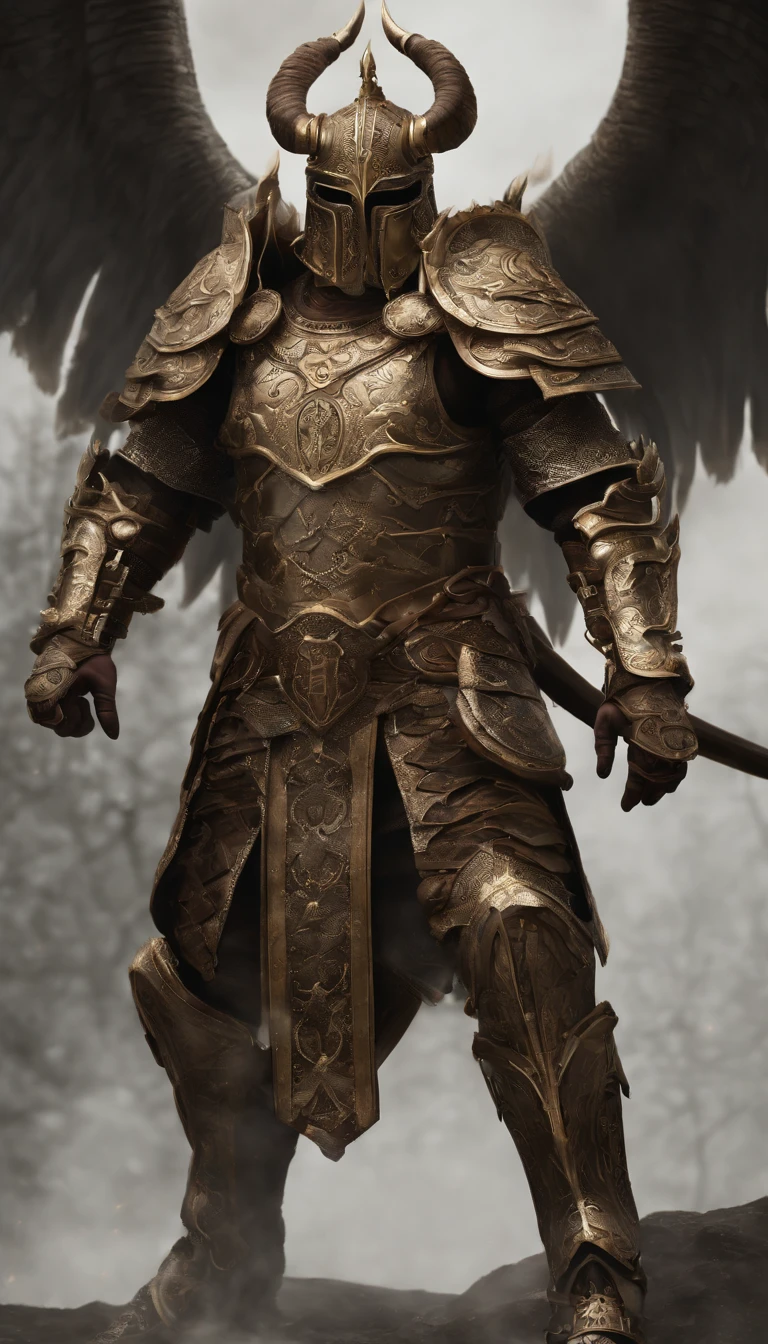 Female warrior, (((midriff exposed))), (((navel))), (((abs))), concept-art, author:Kishiganku, Fantasy art, Zen temple background, clean render, a horned, Wear a set of armor, Detailed bushido form smoke, helmet of a forgotten deity, character is standing, 8k Realistic, in game render, detailed face background detail, Art station front page, taur, Pseudo-medieval fantasy, A deity wearing koi armor, detailed bronze armor, Bronze armor, golden etched armor, gold obsidian armor, Light gold armor, Gorgeous filigree armor, A demonic warrior, Gorgeous armor full of thorns, Intricate assasin armor, Intricate metal armor, powerful warrior, Dressed in gorgeous golden armor,Decorated with intricate patterns, The helmet has a large crown and two horns, Everything is in the dark, The smoky background alludes to battle scenes, Add an ominous aura to his character,Huge demon wings of demons,submission, Full body shot.