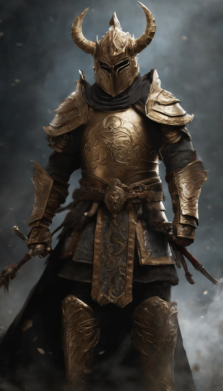 Female warrior, (((midriff exposed))), (((navel))), (((abs))), concept-art, author:Kishiganku, Fantasy art, Zen temple background, clean render, a horned, Wear a set of armor, Detailed bushido form smoke, helmet of a forgotten deity, character is standing, 8k Realistic, in game render, detailed face background detail, Art station front page, taur, Pseudo-medieval fantasy, A deity wearing koi armor, detailed bronze armor, Bronze armor, golden etched armor, gold obsidian armor, Light gold armor, Gorgeous filigree armor, A demonic warrior, Gorgeous armor full of thorns, Intricate assasin armor, Intricate metal armor, powerful warrior, Dressed in gorgeous golden armor,Decorated with intricate patterns, The helmet has a large crown and two horns, Everything is in the dark, The smoky background alludes to battle scenes, Add an ominous aura to his character,Huge demon wings of demons,submission, Full body shot.