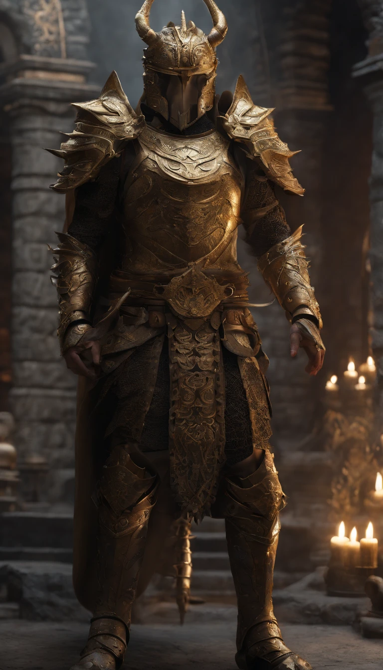 Female warrior, (((midriff exposed))), (((navel))), (((abs))), concept-art, author:Kishiganku, Fantasy art, Zen temple background, clean render, a horned, Wear a set of armor, Detailed bushido form smoke, helmet of a forgotten deity, character is standing, 8k Realistic, in game render, detailed face background detail, Art station front page, taur, Pseudo-medieval fantasy, A deity wearing koi armor, detailed bronze armor, Bronze armor, golden etched armor, gold obsidian armor, Light gold armor, Gorgeous filigree armor, A demonic warrior, Gorgeous armor full of thorns, Intricate assasin armor, Intricate metal armor, powerful warrior, Dressed in gorgeous golden armor,Decorated with intricate patterns, The helmet has a large crown and two horns, Everything is in the dark, The smoky background alludes to battle scenes, Add an ominous aura to his character,Huge demon wings of demons,submission, Full body shot.