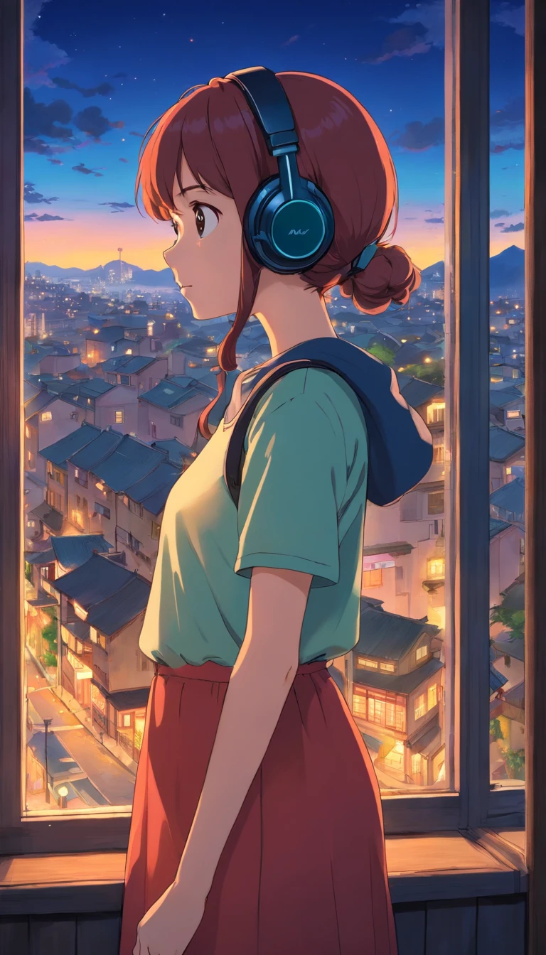 anime girl with headphones looking out a window at a city, lofi girl, anime vibes, lofi artstyle, anime style 4 k, anime aesthetic, nightcore, lofi feel, lofi art, anime art wallpaper 4 k, anime art wallpaper 4k, anime wallpaper 4 k, anime wallpaper 4k, lofi vibes