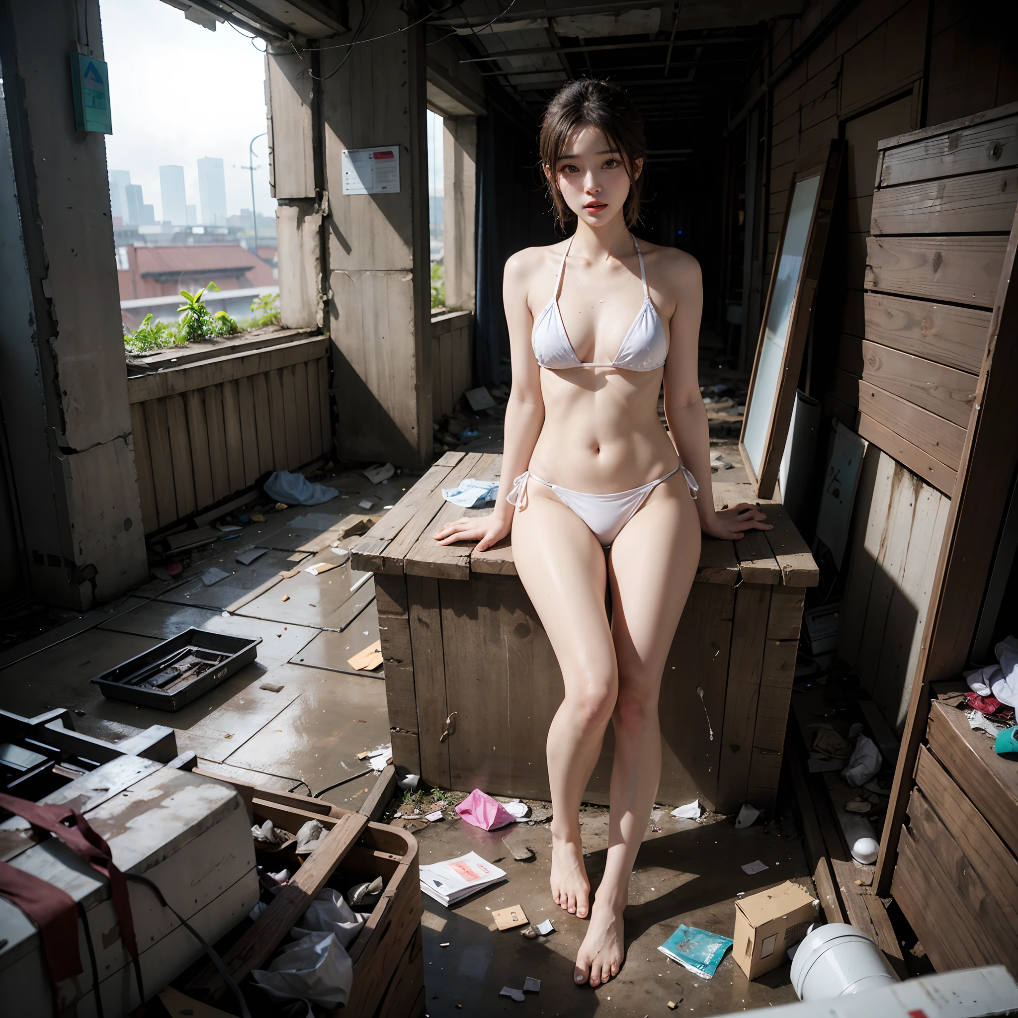 tmasterpiece，photograph realistic，abandoned building，Garbage all over the ground，grimy，Resident Evil，with fair skin，Very beautiful 20 year old Korean girl，White transparent bikini recedes to the crotch，Leaky，Slim legs，very beautiful long slim legs，The barefoot，Random systemic exposure，Extreme exhibitionism，(((Systemic random exposure)))