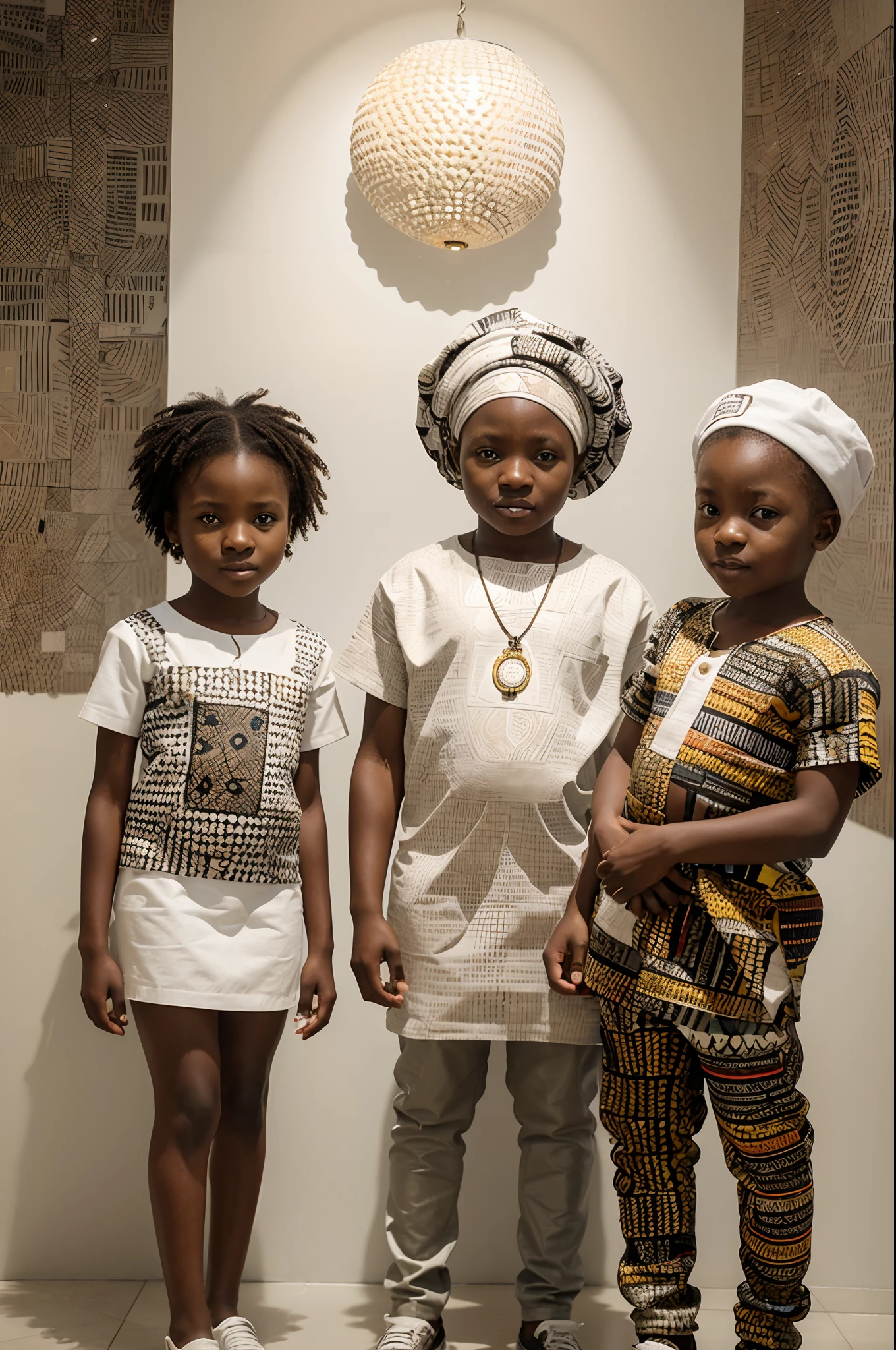 African baby girl and african baby boy dressed in African designed clothes, standing in museum full of QR code sculptures, white scene and white background with a mix of different colours, QR code wallpapers and tiles and art work all over the room, light shining with iridescent light, 32k, ultra HD, unreal engine rendered, cinematic lighting, artgerm style,
