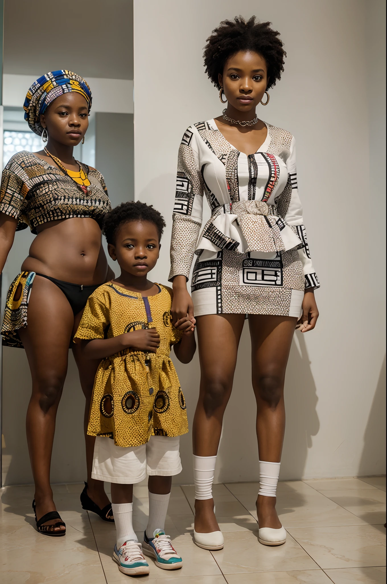 African  girl and african baby dressed in African designed clothes, standing in museum full of QR code sculptures, white scene and white background with a mix of different colours,  QR code wallpapers and tiles and art work all over the room, light shining with iridescent light, 32k, ultra HD, unreal engine rendered, cinematic lighting, artgerm style,