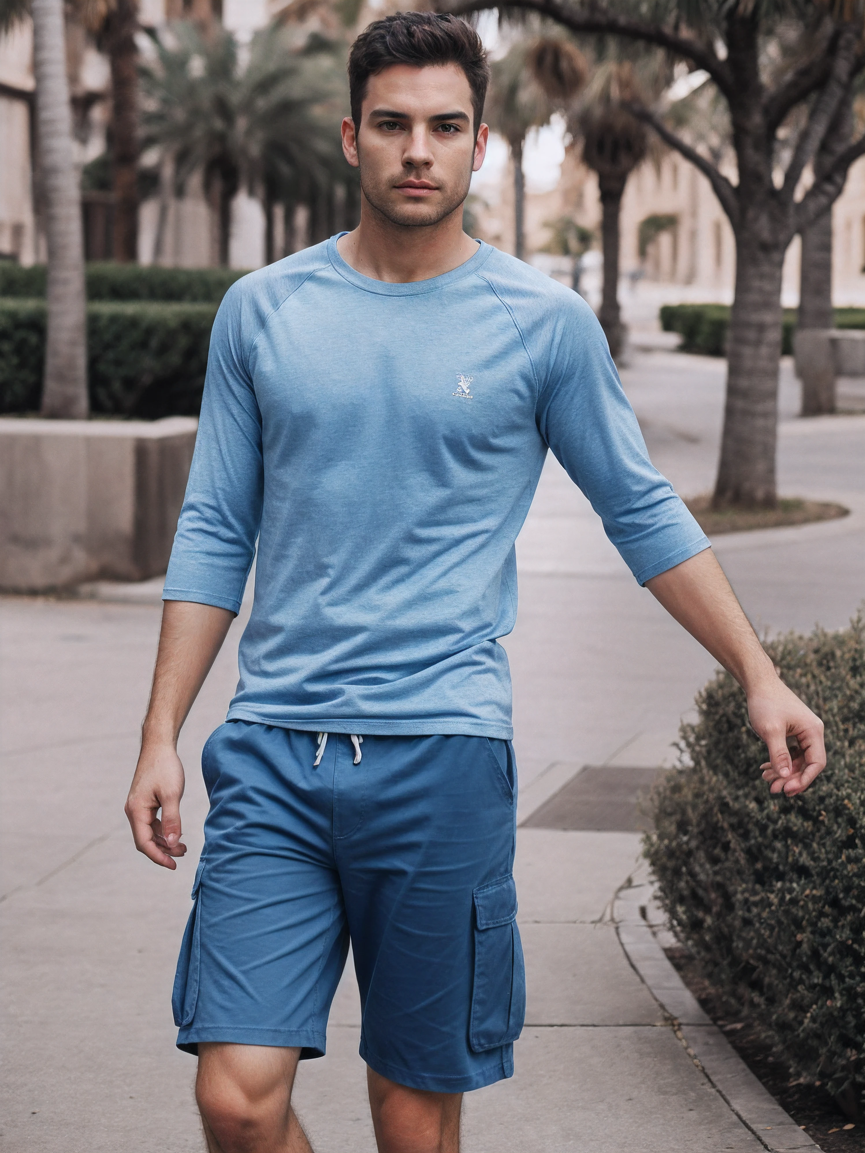 medium photo of man sc_walker white and blue Raglan sleeve t-shirt, cargo shorts