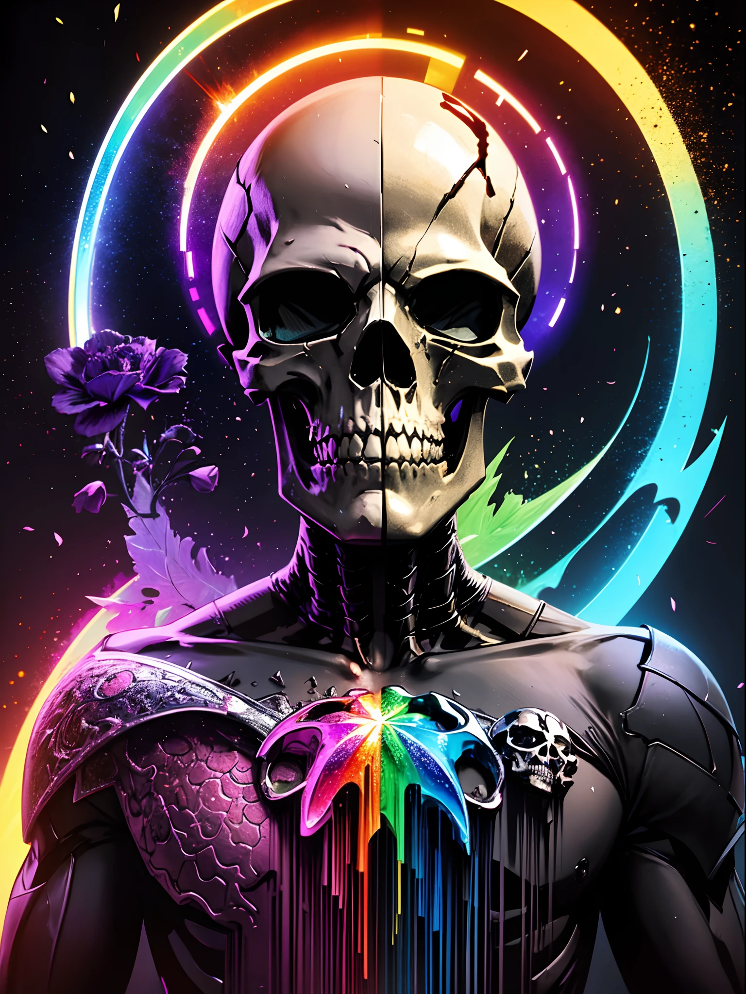 pixel sorted，Superhero skull，gory art，flying petal，Metal polished skeleton painting of man on black background,A rainbow surrounds the skull，Form different structures， breath-taking rendering, Magical rainbow elements,Splendid round rainbow combination，circular composition，Solo