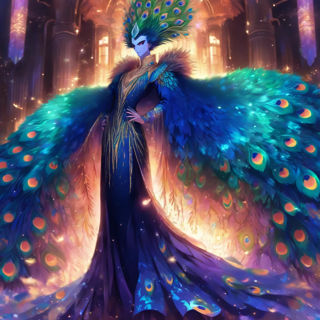 celestial male drag queen in peacock style massive dress
