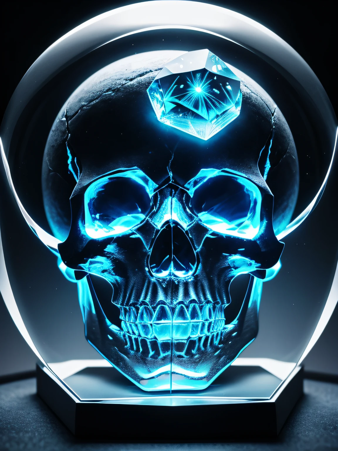 Close-up of the skull, fantasy skull,There is a glowing skull, Crystal skull, Glass skull, 'a human head made of glass, Glowing quartz crystal skull, brain from crystals, realistic glass sculpture, In a hologram of alien artifacts, the fifth element artifacts, tim white art. 64 megapixels, Blade Runner artifact, author:Vladimir Tatlin, ashes crystal, hyperrealistic ”