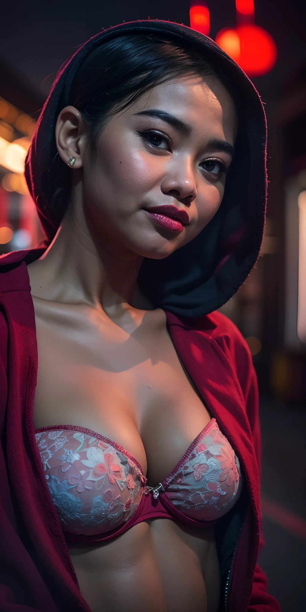 1 matured malay girl in hijab wear wet red lace bra and panties, seduce pose, seducing, crowded china town street, nighttime, neon city lights, upper body, close-up, seducing, sexy pose, (8k, RAW photo, best quality, masterpiece:1.2),(realistic, photo-realistic:1.37),