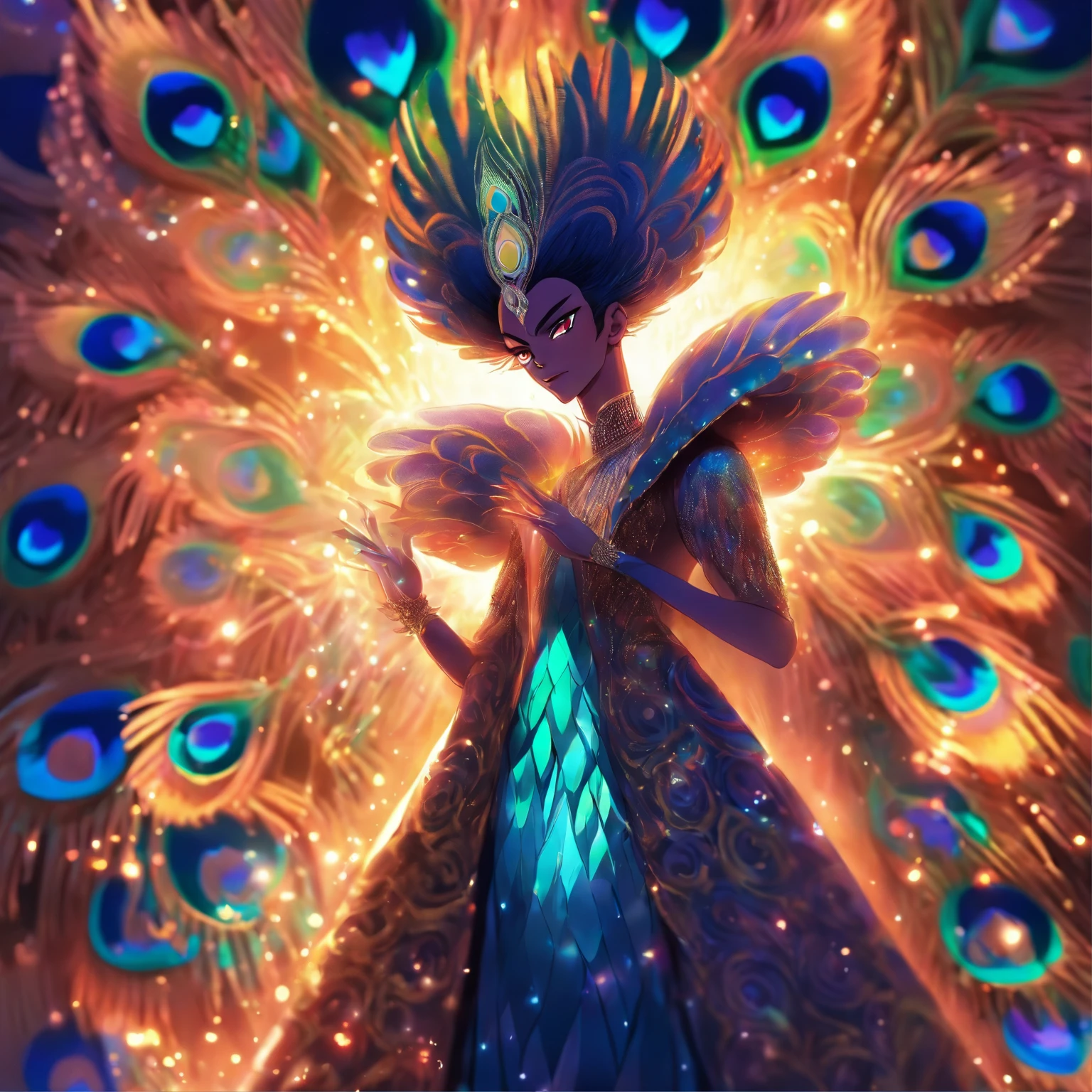 celestial male drag queen in peacock style massive dress