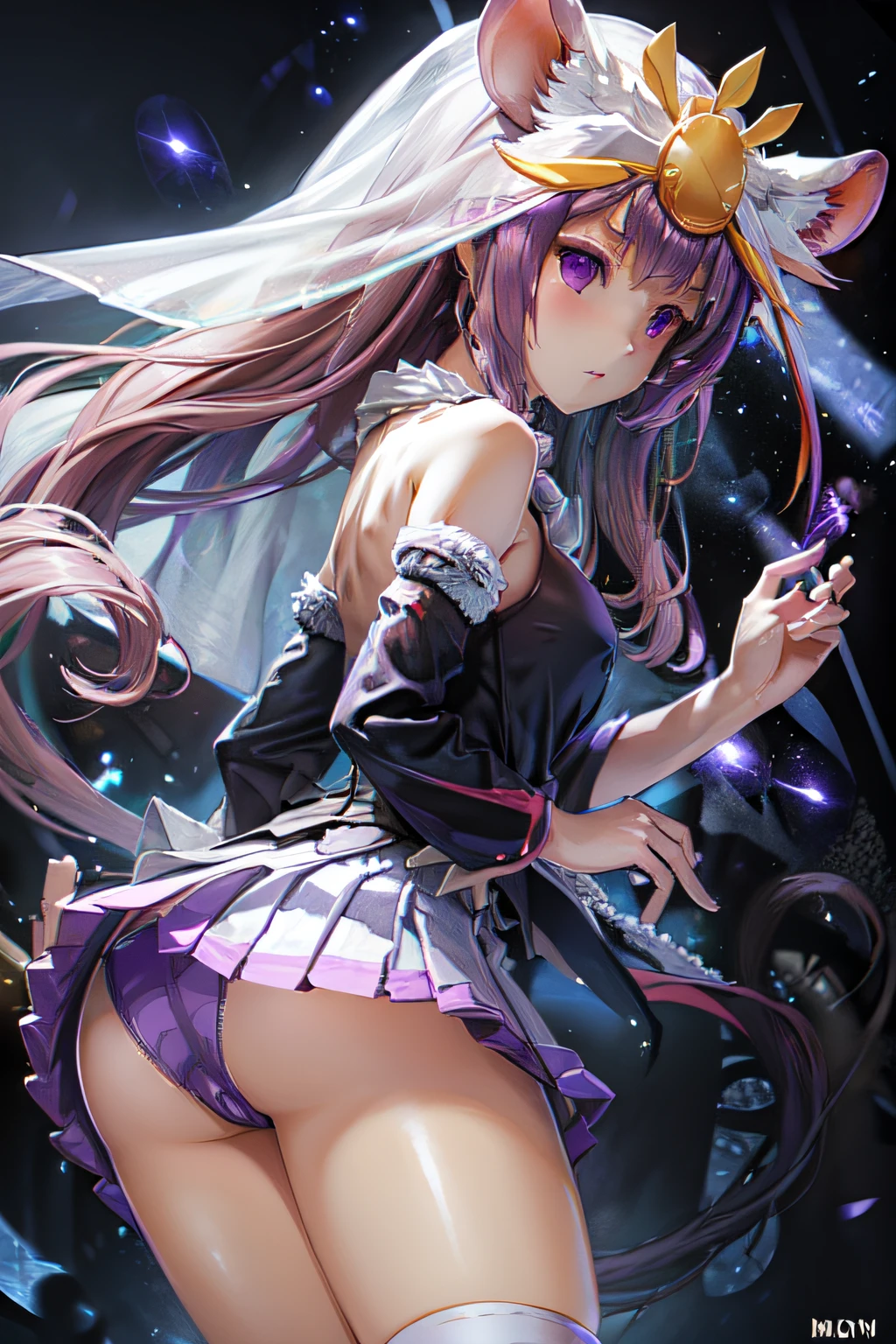 masterpiece, best quality, absurdres, perfect anatomy, (((front views))), (((Low angle))),  MoriBase, white long hair, veil, hair ornament, red japan dress, bare shoulder, white skirt, black geta, (((Flipping up the skirt、Show panties)))、(((Flip up the skirt yourself))) , (blush of the nose)、Undress((((Skirt is coming off)))), (((Purple panties visible through the skirt))), single black thighhigh, detached sleeves, see-through sleeve, mouse close, outdoors, open field
