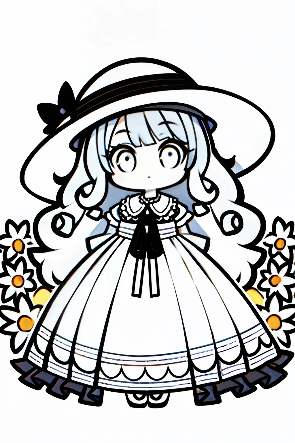 cute female child,Big eyes,Long curly hair,Wears a wide-brimmed sun hat,The hat is full of flowers,European court style long dress,Q version of black and white line drawing