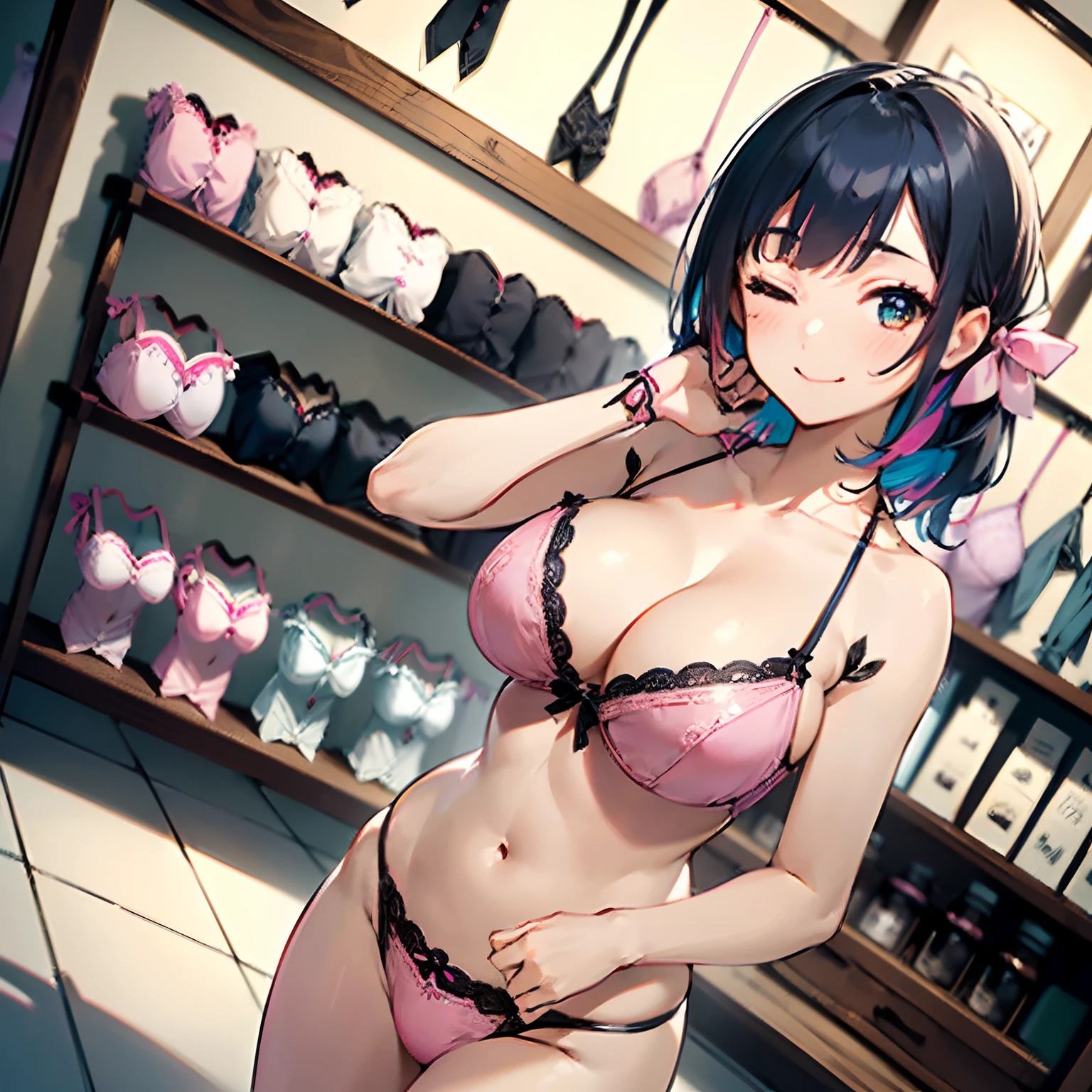 (masutepiece,Best Quality,ultra-detailliert, anime colored, Professional Writing), 1girl, 24 years old, fullnude, (round and large breasts1.3),(cleavage), A charming smile, ((one eye closed)), thin eyebrows, (detailed Gorgeous Embroidery bra with black and blue), (Detailed black and blue panties), (Hair Ribbon), bare shoulder, bare arms, ((stand)), looking at viewer, leaning forward, ((Spread one hand to the side)), ((One hand on the back)), (full body), Dutch angle shot, (solo focus, Depth of subject), ((((in pink Lingerie Shop, colorful Lingerie hanging on the shop)))), ((Very bright))