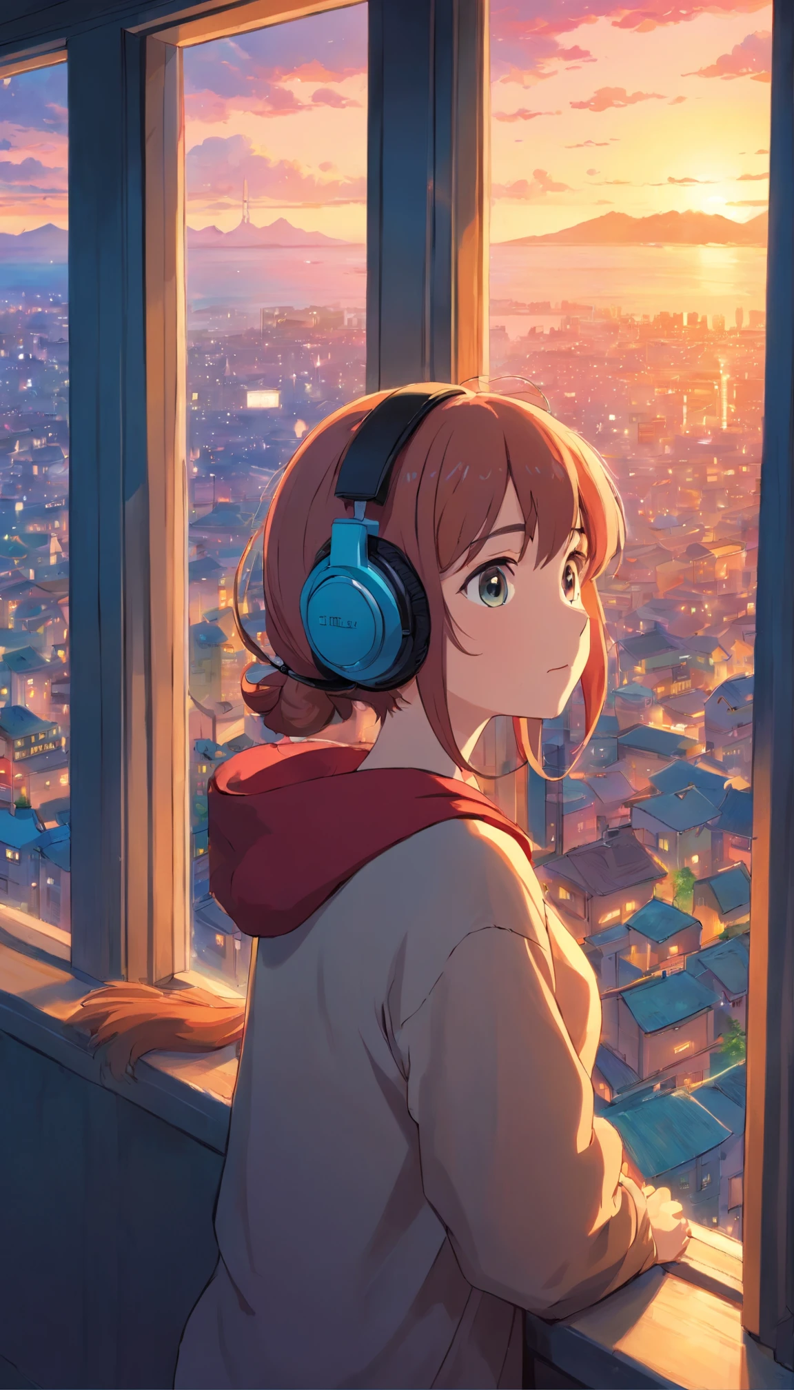 anime girl with headphones looking out a window at a city, lofi girl, anime vibes, lofi artstyle, anime style 4 k, anime aesthetic, nightcore, lofi feel, lofi art, anime art wallpaper 4 k, anime art wallpaper 4k, anime wallpaper 4 k, anime wallpaper 4k, lofi vibes