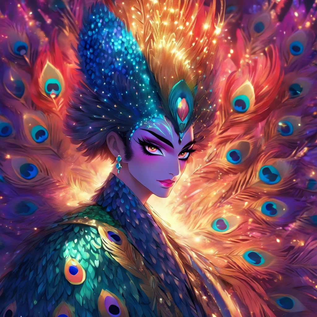 celestial male drag queen,peacock style massive dress,vivid colors,beautiful detailed eyes,beautiful detailed lips,exotic makeup,glittering feathers,sparkling accessories,colorful headpiece,high heels,stunning presence,dramatic lighting,studio photography,ultra-detailed,realistic
