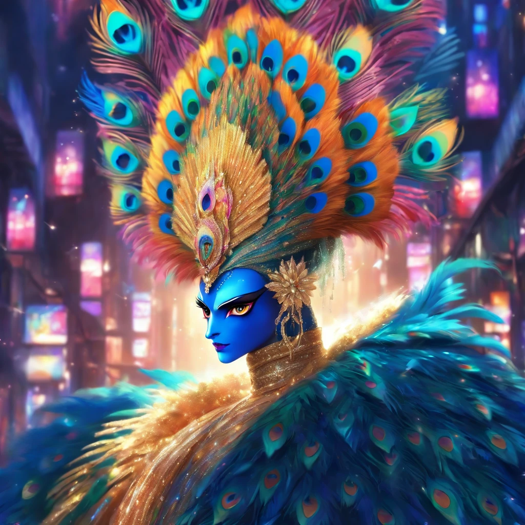 celestial male drag queen,peacock style massive dress,vivid colors,beautiful detailed eyes,beautiful detailed lips,exotic makeup,glittering feathers,sparkling accessories,colorful headpiece,high heels,stunning presence,dramatic lighting,studio photography,ultra-detailed,realistic