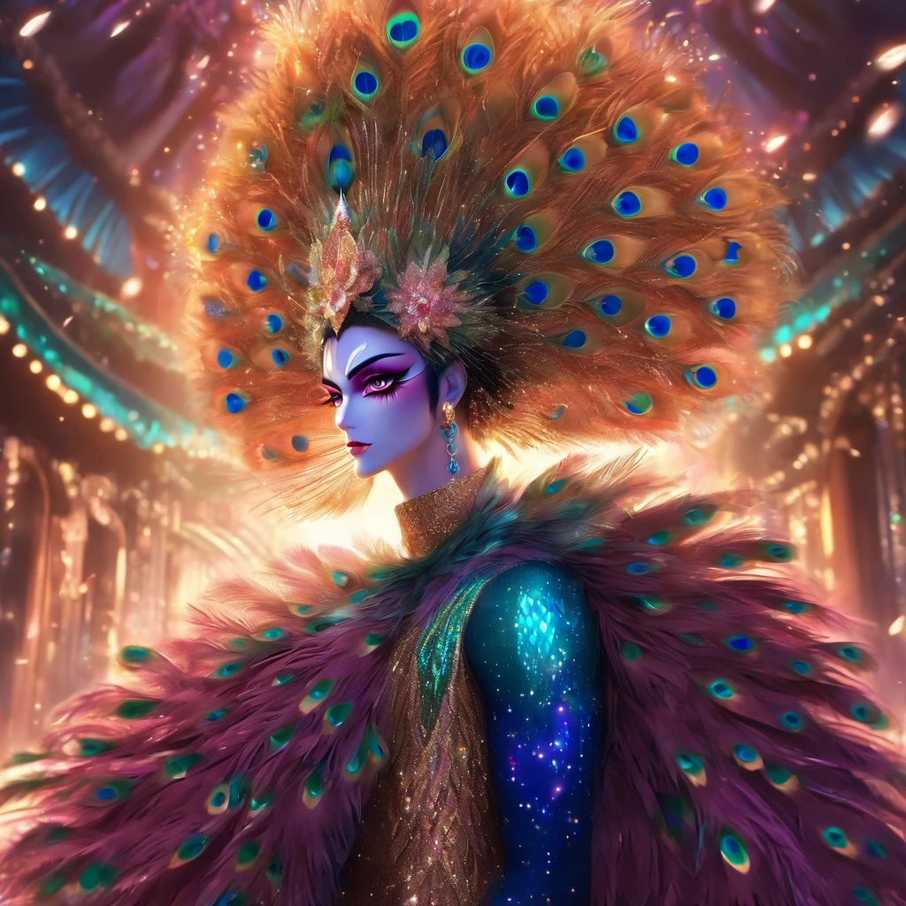 celestial male drag queen,peacock style massive dress,vivid colors,beautiful detailed eyes,beautiful detailed lips,exotic makeup,glittering feathers,sparkling accessories,colorful headpiece,high heels,stunning presence,dramatic lighting,studio photography,ultra-detailed,realistic