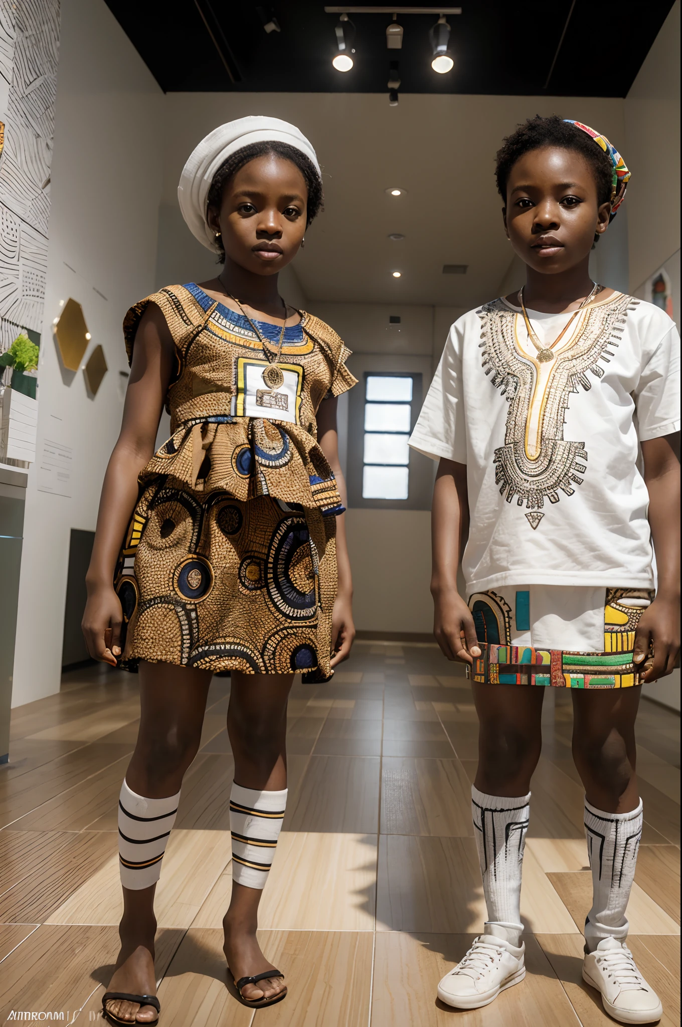 African  girl and african baby dressed in African designed clothes, standing in museum full of QR code sculptures, white scene and white background with a mix of different colours,  QR code wallpapers and tiles and art work all over the room, light shining with iridescent light, 32k, ultra HD, unreal engine rendered, cinematic lighting, artgerm style,