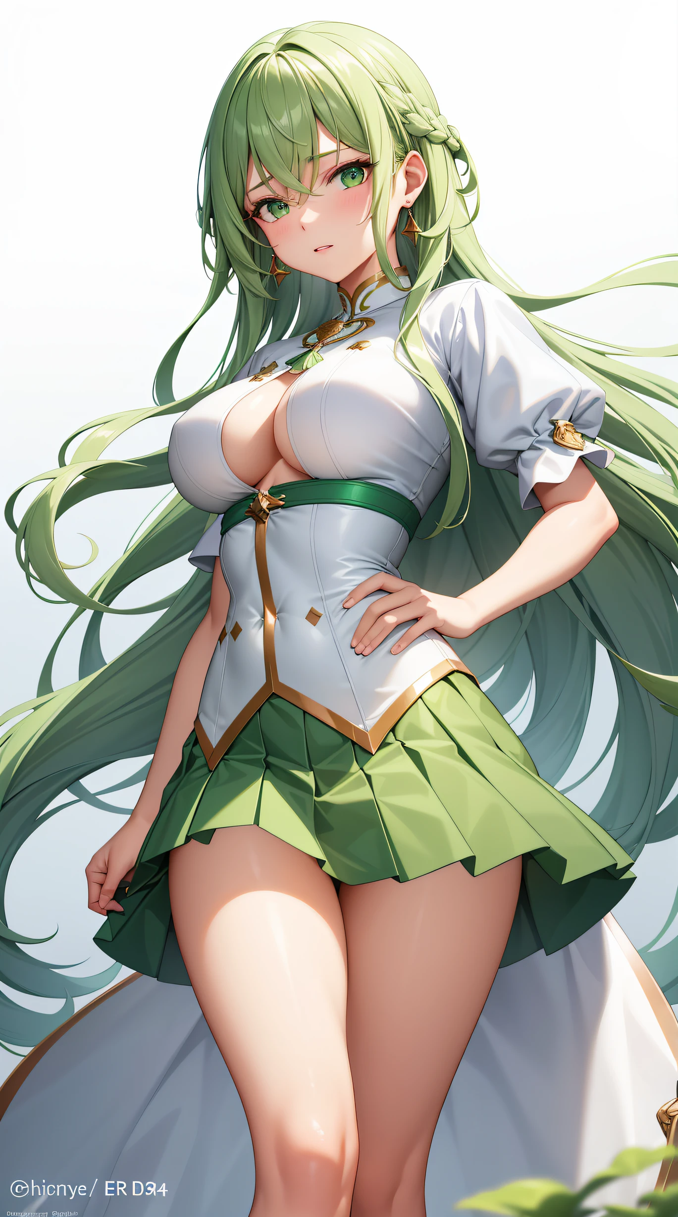 (best quality:1.5, highres, UHD, 4K, detailed lighting, shaders), green and white wavy hair, gradient hair, large breasts, woman white and green shirt, small skirt, green skirt, (pov), full body, white background, colorful eyeshadow, dramatic lighting, sparkling eyes, confident expression, golden earrings, flowing hair, delicate facial features, soft skin, high cheekbones, stylish clothing, urban setting, take the photo from the back, white background