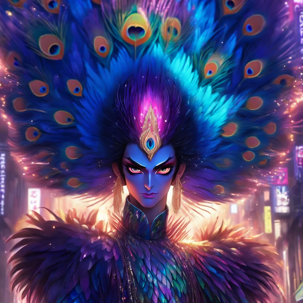 celestial male drag queen,peacock style massive dress,vivid colors,beautiful detailed eyes,beautiful detailed lips,exotic makeup,glittering feathers,sparkling accessories,colorful headpiece,high heels,stunning presence,dramatic lighting,studio photography,ultra-detailed,realistic