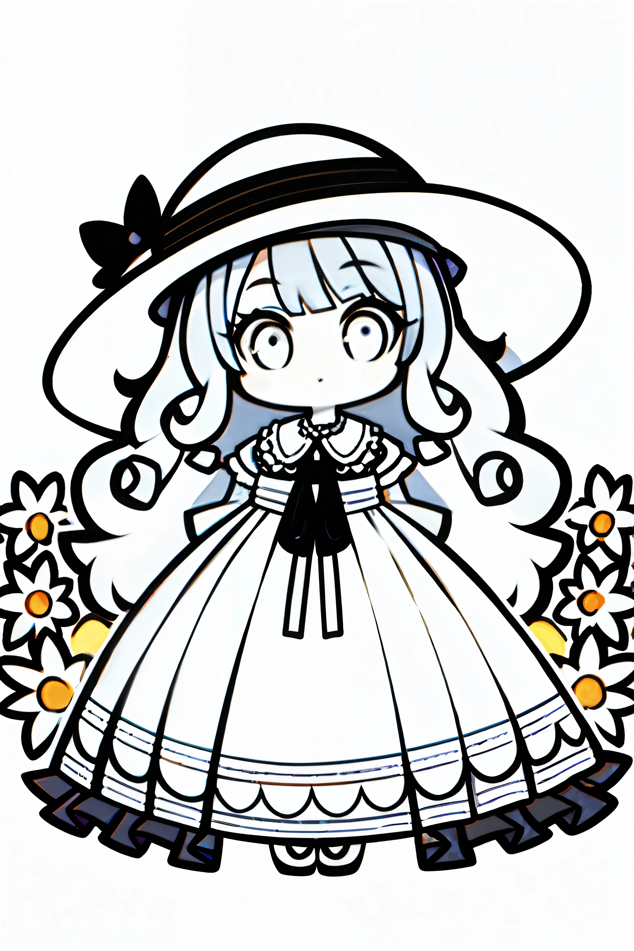 cute female ,Big eyes,Long curly hair,Wears a wide-brimmed sun hat,The hat is full of flowers,European court style long dress,Q version of black and white line drawing