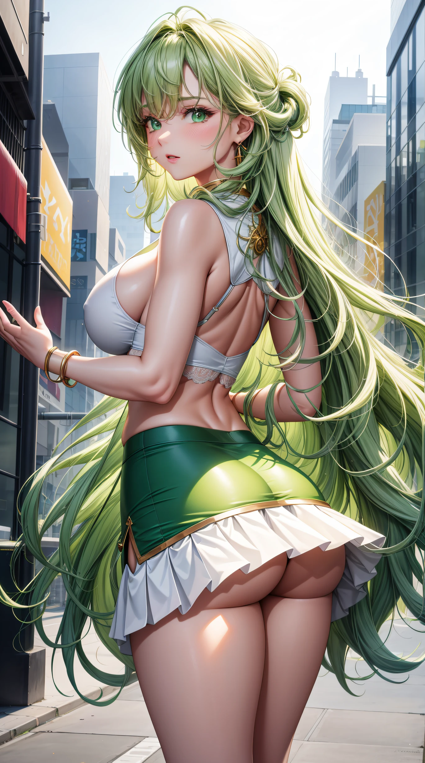 (best quality:1.5, highres, UHD, 4K, detailed lighting, shaders), green and white wavy hair, gradient hair, large breasts, woman white and green shirt, small skirt, green skirt, (pov), full body, white background, colorful eyeshadow, dramatic lighting, sparkling eyes, confident expression, golden earrings, flowing hair, delicate facial features, soft skin, high cheekbones, stylish clothing, urban setting, take the photo from the back, white background