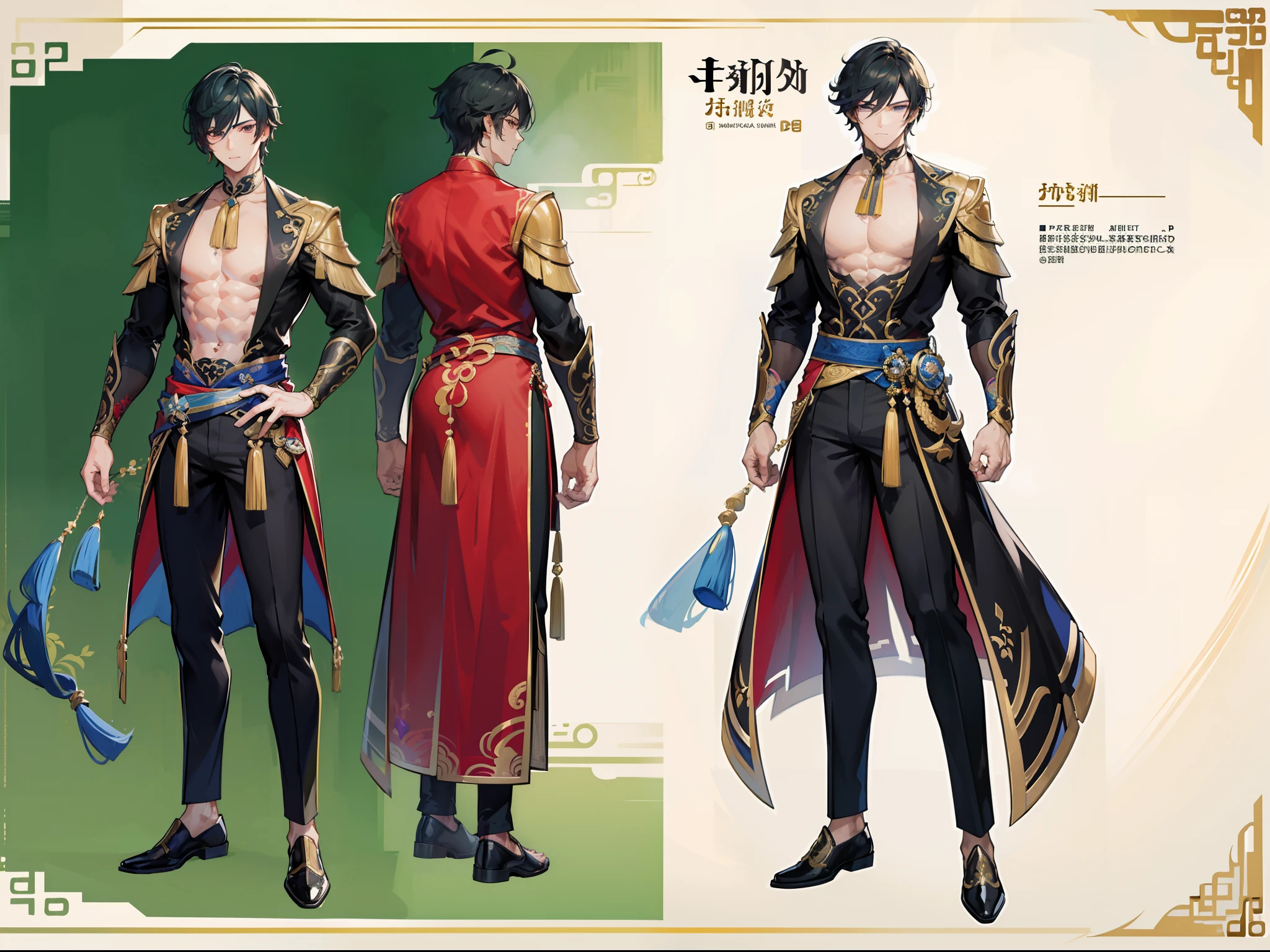 ((Masterpiece, Highest quality)),Male, boy, Detailed face, character design sheet，full body esbian, Full of details, frontal body view, back body view, Highly detailed, Depth, Many parts, Muscle boy with brunnete hair，handsome man,  Traditional chinese clothes, Genshin Impact, man tall, pectoral muscles, abs