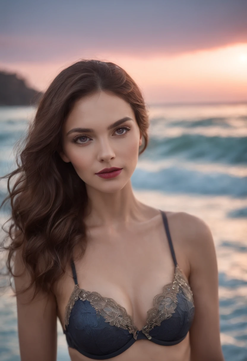 nтусклое освещение, A woman drowns in the ocean at midnight up to her mermaid tail, um closeup de um, olhos azuis, cabelos pretos (Realistic fantasy rendering in the ocean:1.0), foto retrato pintura fosca, Uma foto realista, (lusciousness:1.3), In a bra, maquiagem escura, dark red lips