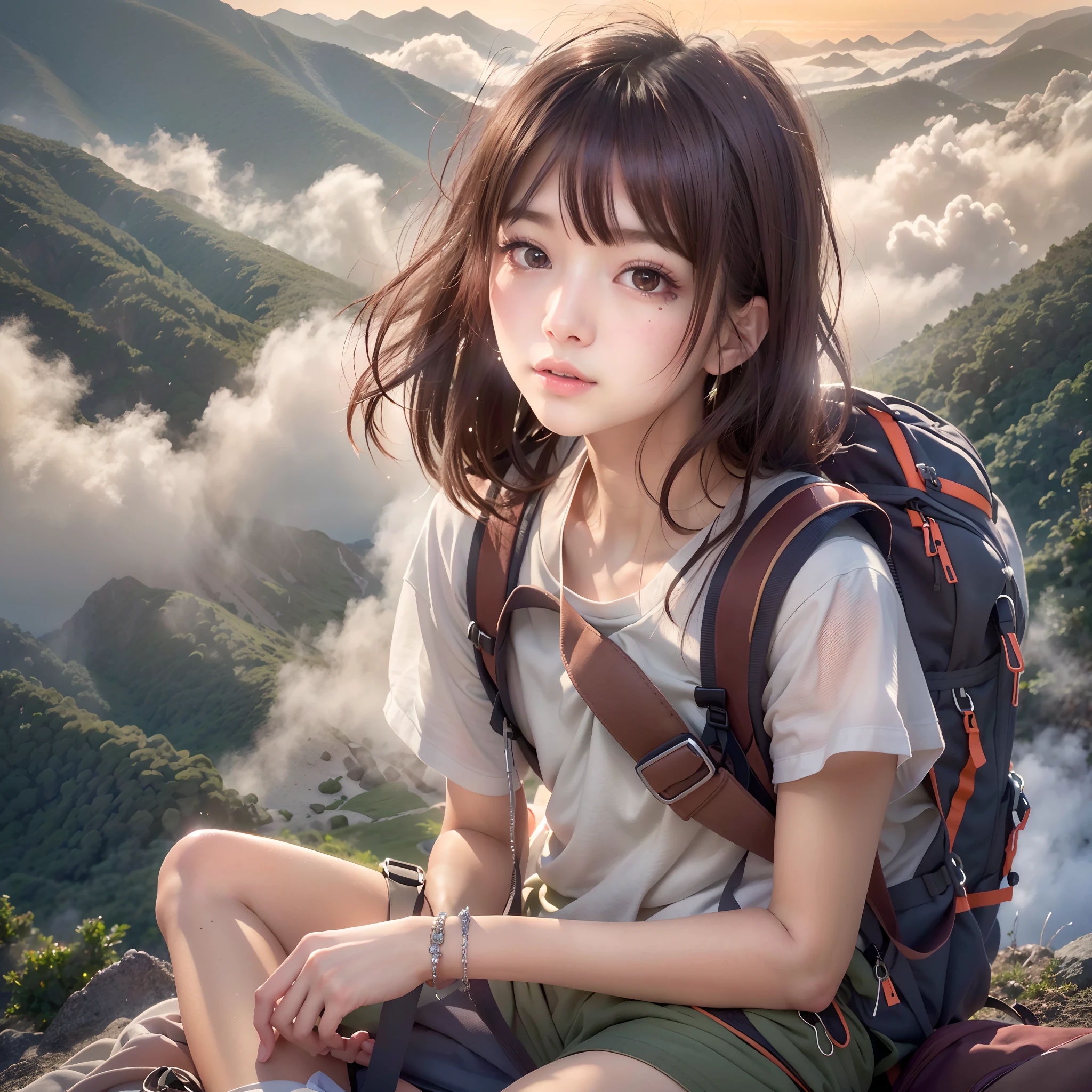 (Photos of natural landscapes), (Best Quality), Masterpiece:1.2, The ultra-Highres, Photorealistic:1.4, Raw foto, (Magnificent mountains, Sea of Clouds(Sea of Clouds)), (On very high mountain peaks), (sunset), (Wide-angle shooting),  (cleavage display:0.8),
(1Girl), (Photo on the lap:1.3), (18 years-old), (Smile:0.9), (sparkly skin), (Semi-long hair, Dark-brown hair), 
(Loose white shirt, Trekking shorts), (Carrying a large backpack), 
(ultra detail face), (Ultra Beautiful Made), (ultra detailed eyes), (extremely detailed nose), (Ultra-detailed mouth), (Very delicate arms), (Ultra-detailed body), Fan Focus, Looking at the audience