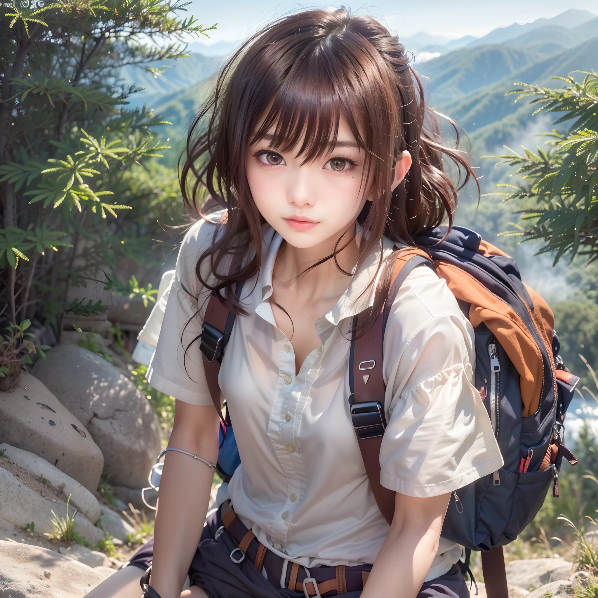 (Photos of natural landscapes), (Best Quality), Masterpiece:1.2, The ultra-Highres, Photorealistic:1.4, Raw foto, (Magnificent mountains, Sea of Clouds(Sea of Clouds)), (On very high mountain peaks), (sunset), (Wide-angle shooting), (cleavage display:0.8),
(1Girl), (Photo on the lap:1.3), (18 years-old), (Smile:0.9), (sparkly skin), (Semi-long hair, Dark-brown hair),
(Loose white shirt, Trekking shorts), (Carrying a large backpack),
(ultra detail face), (Ultra Beautiful Made), (ultra detailed eyes), (extremely detailed nose), (Ultra-detailed mouth), (Very delicate arms), (Ultra-detailed body), Fan Focus, Looking at the audience